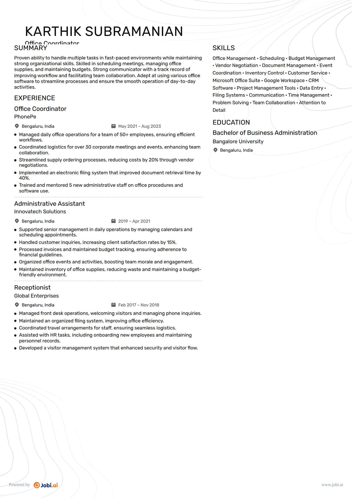 Executive Assistant resume example — Office Coordinator