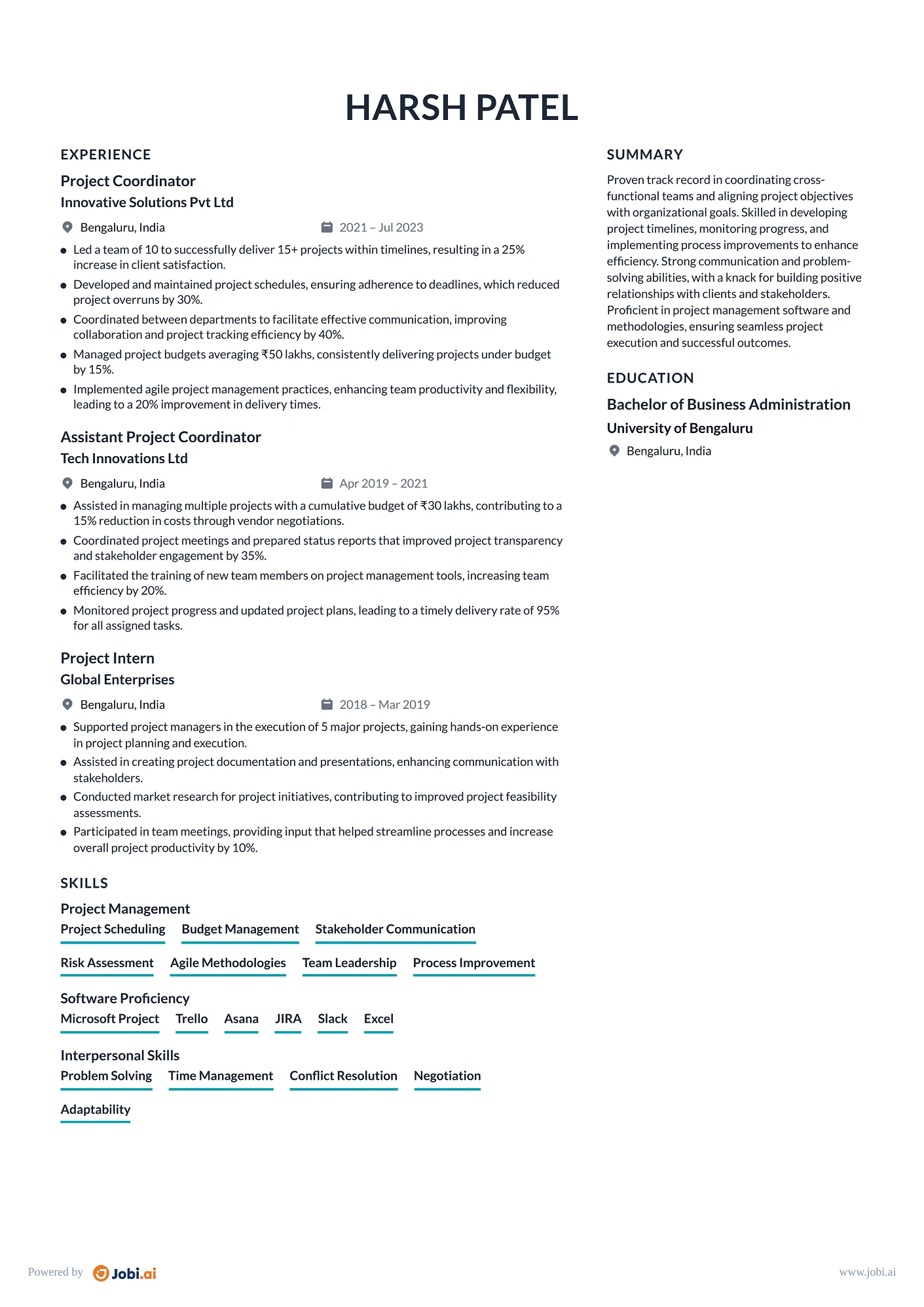 Executive Assistant resume example — Project Coordinator