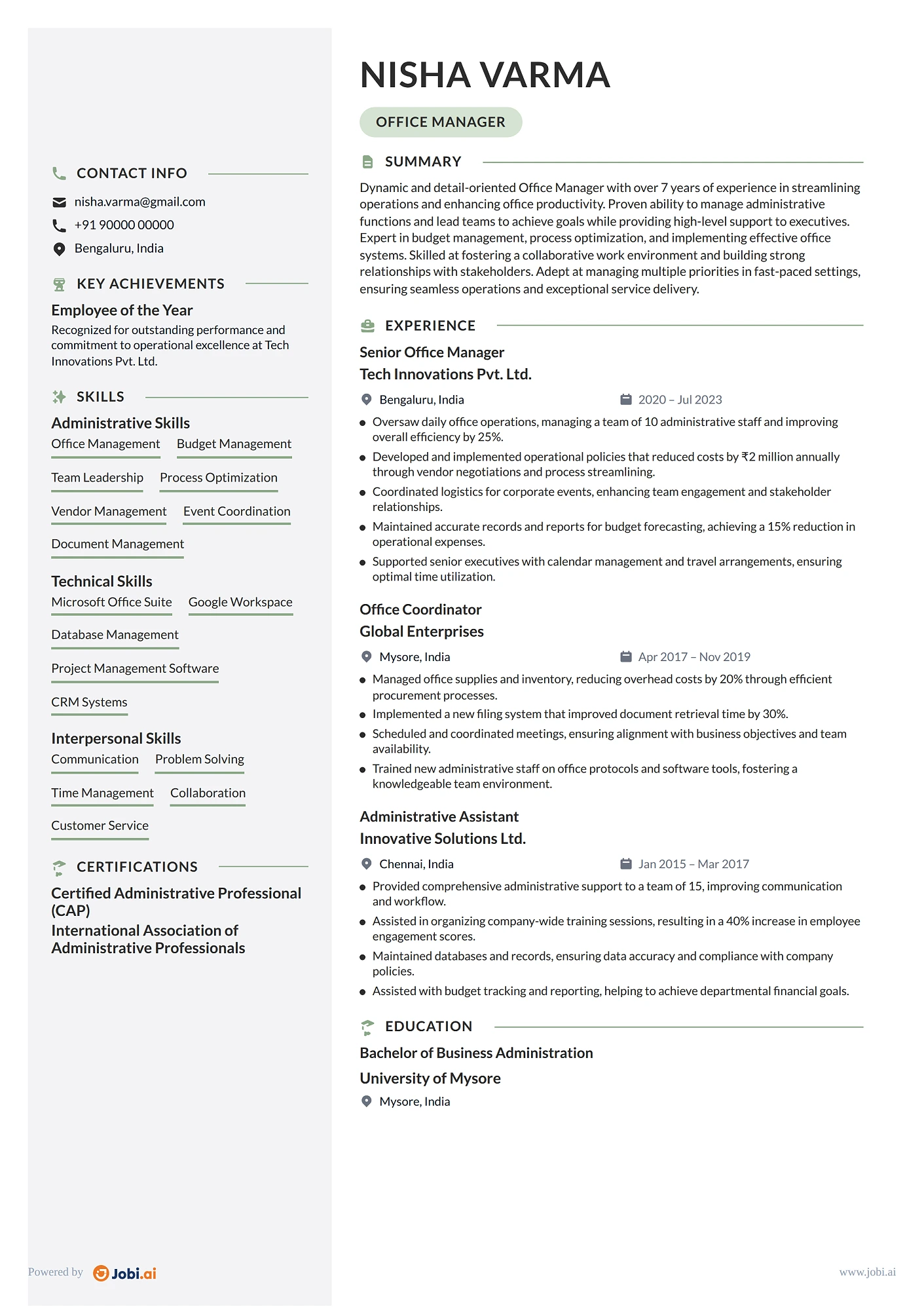 Executive Assistant resume example — Office Manager