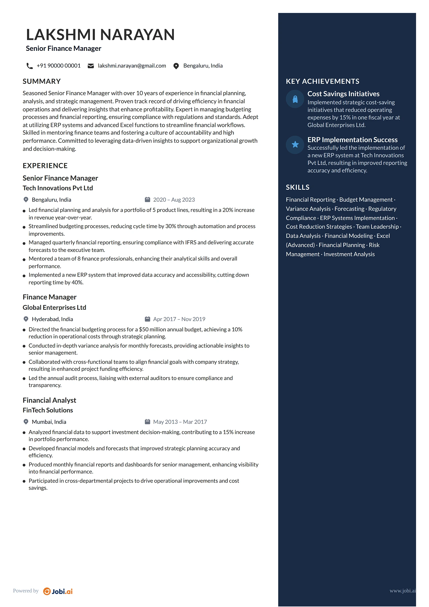 Finance Manager resume example — Senior Finance Manager