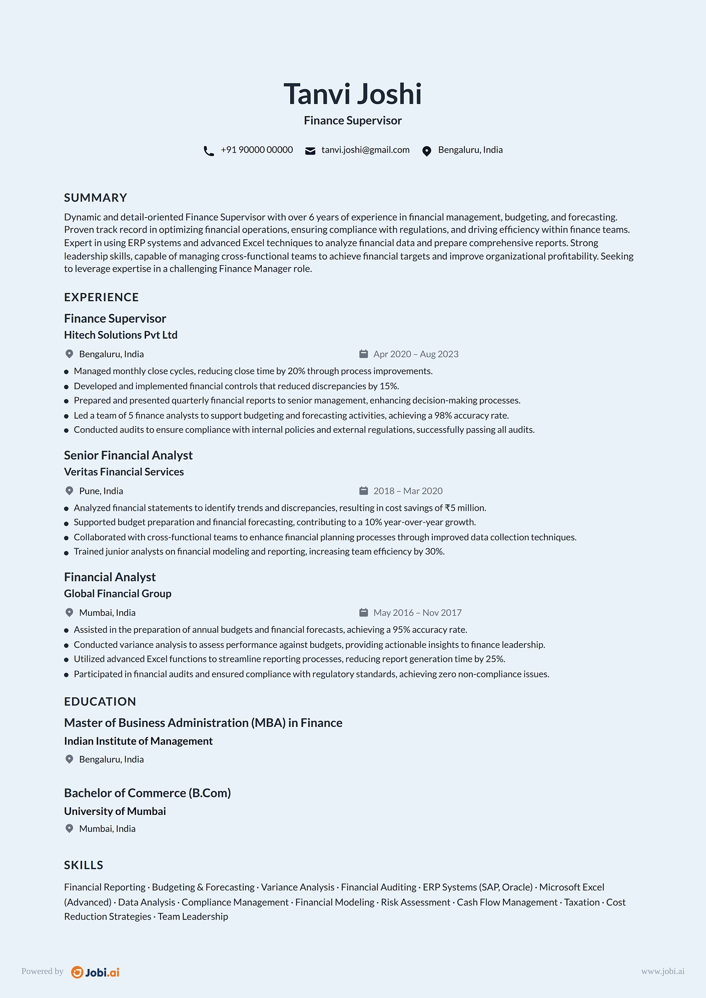Finance Manager resume example — Finance Supervisor