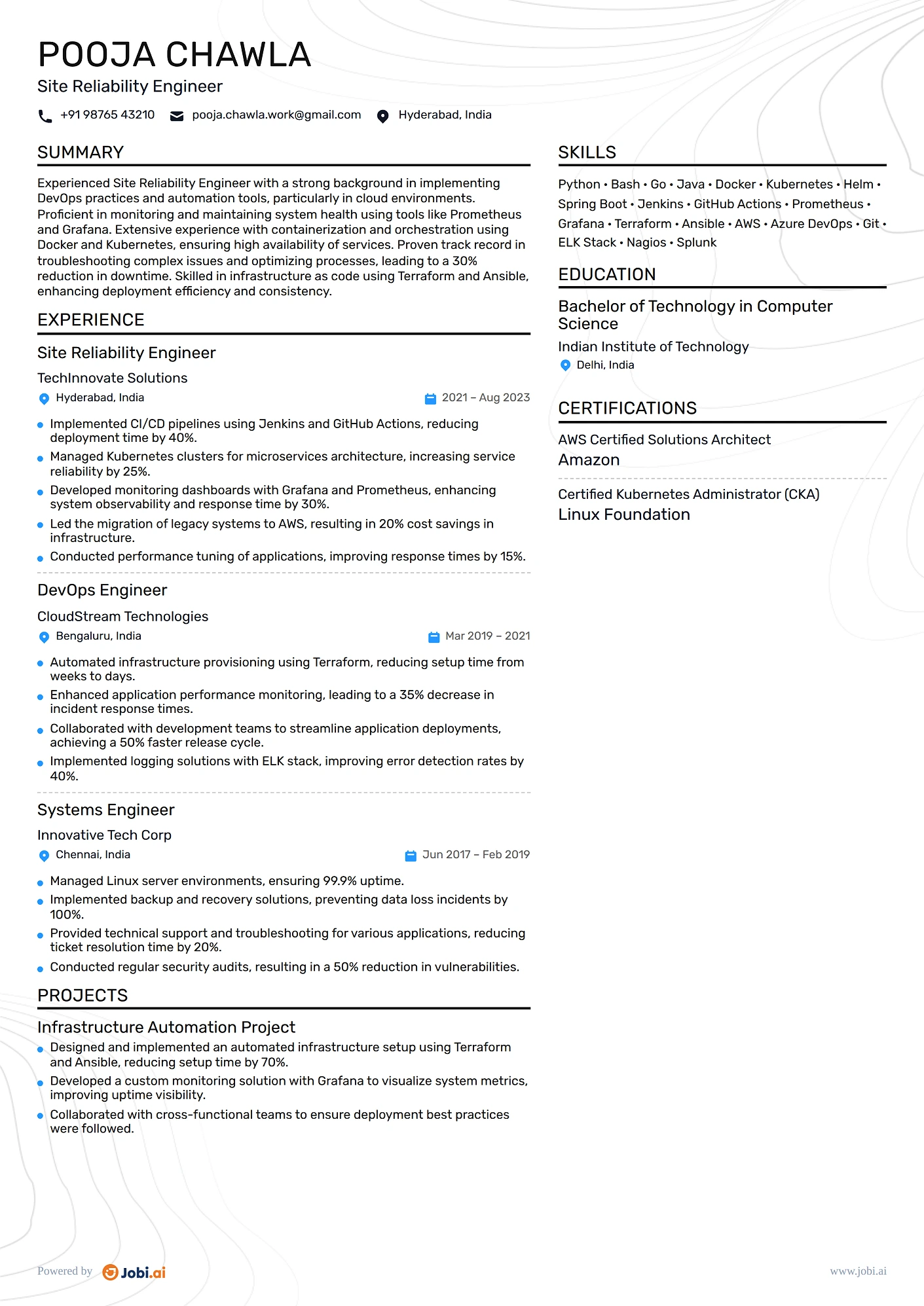 Site Reliability Engineer resume example