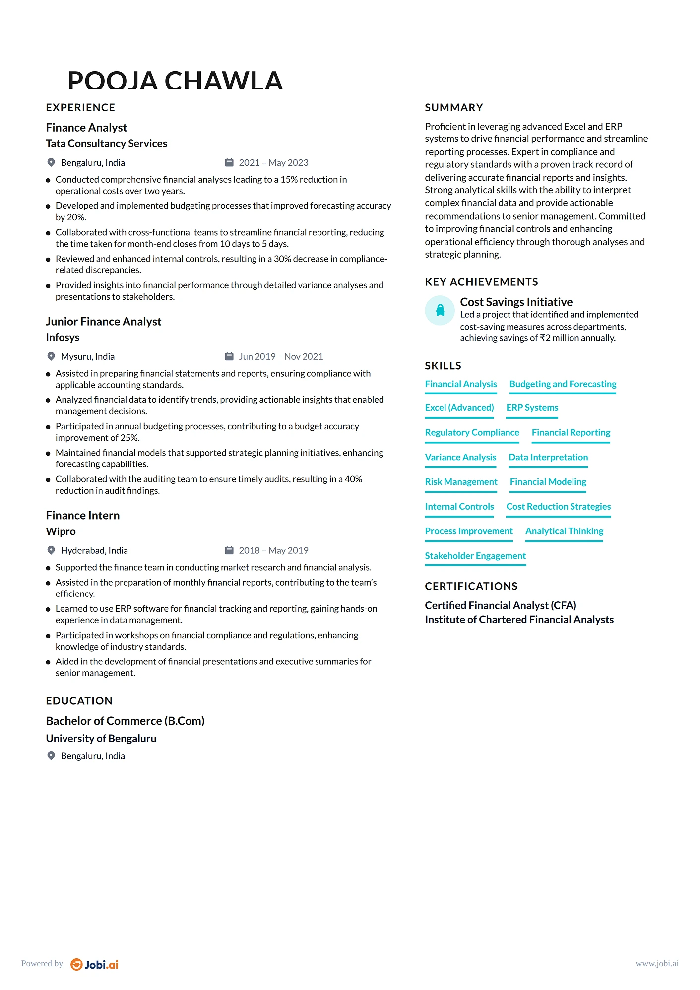 Finance Manager resume example — Finance Analyst
