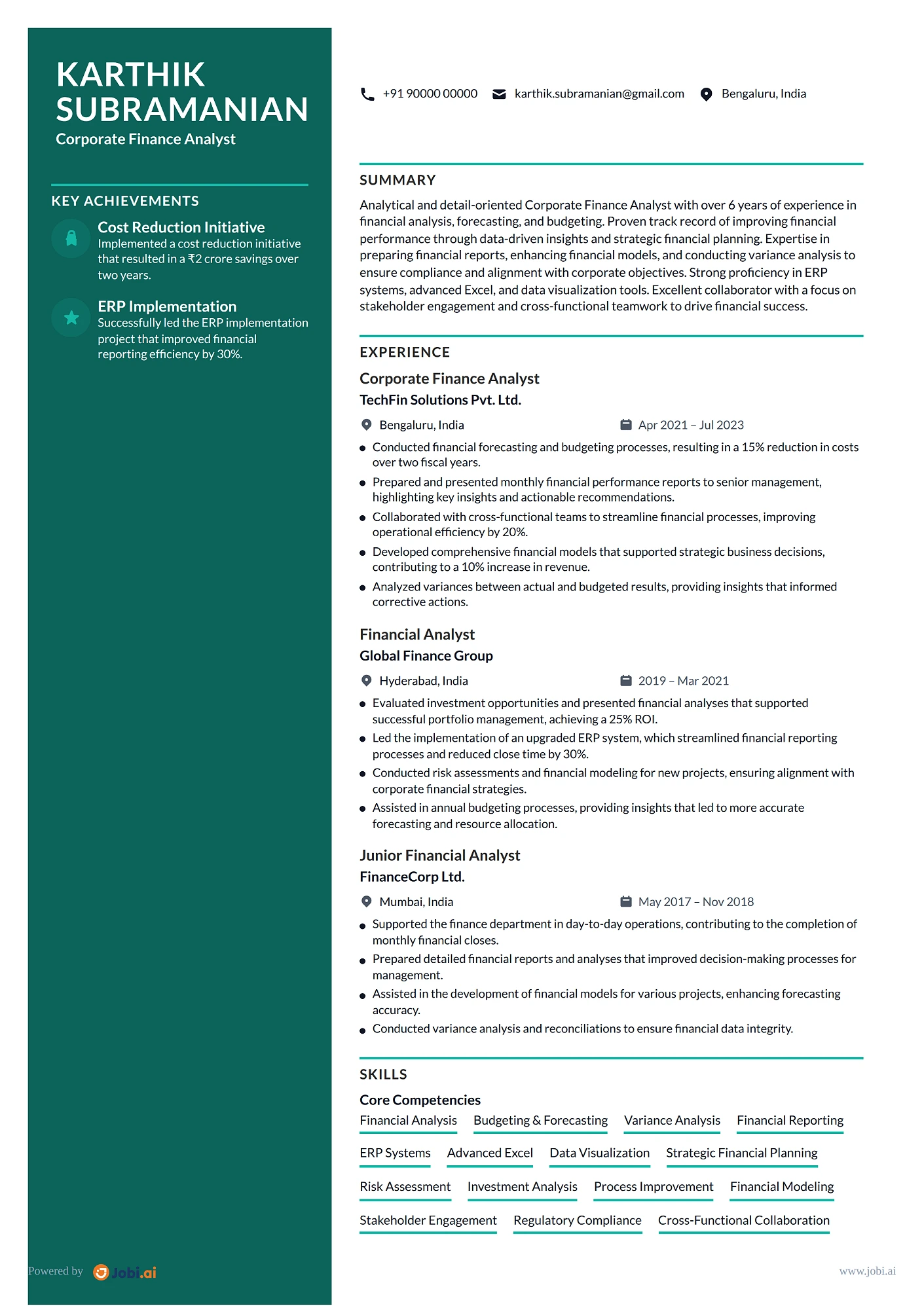 Finance Manager resume example — Corporate Finance Analyst