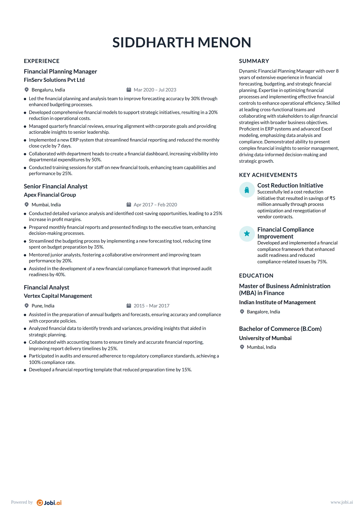 Finance Manager resume example — Financial Planning Manager