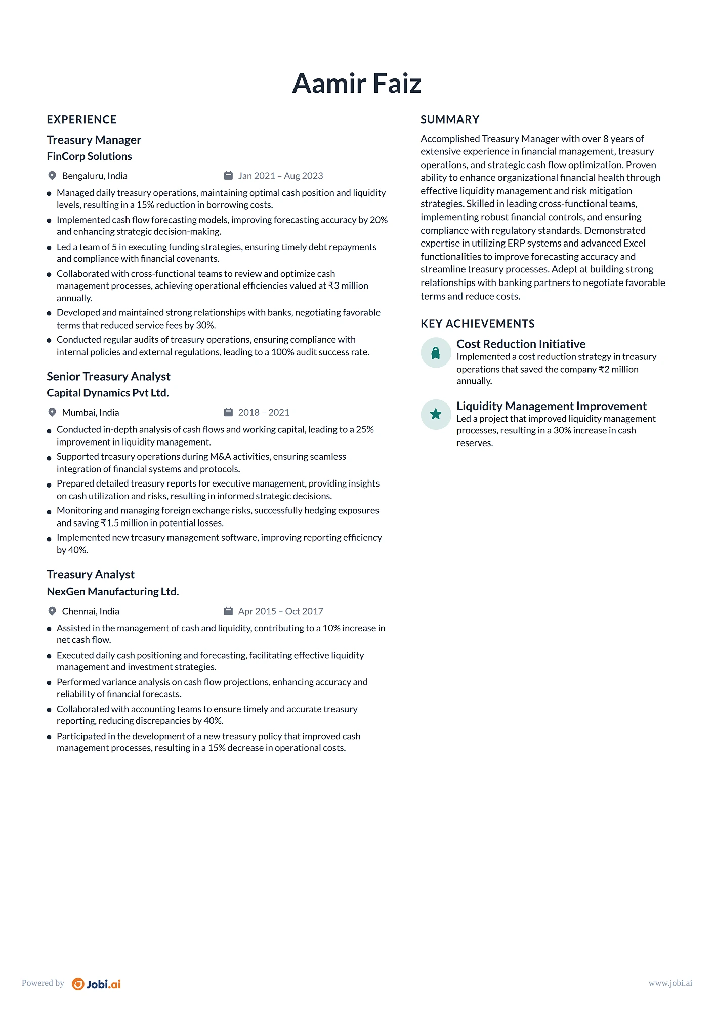 Finance Manager resume example — Treasury Manager