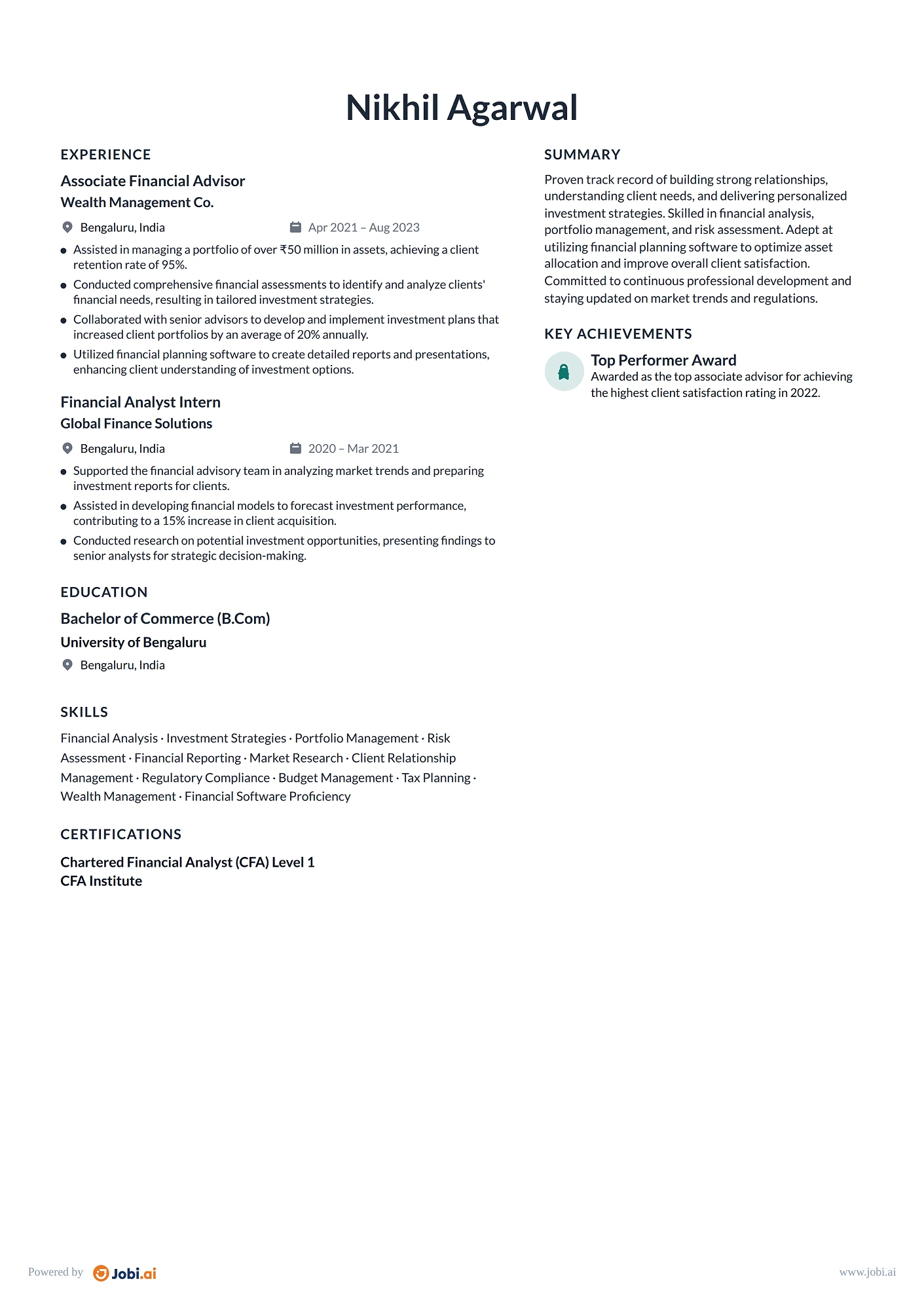 Financial Advisor resume example — Associate Financial Advisor