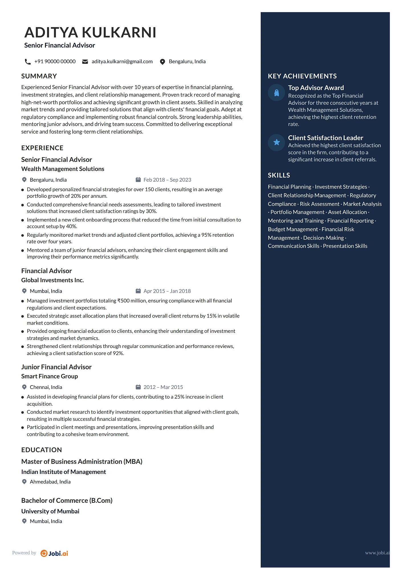 Financial Advisor resume example — Senior Financial Advisor