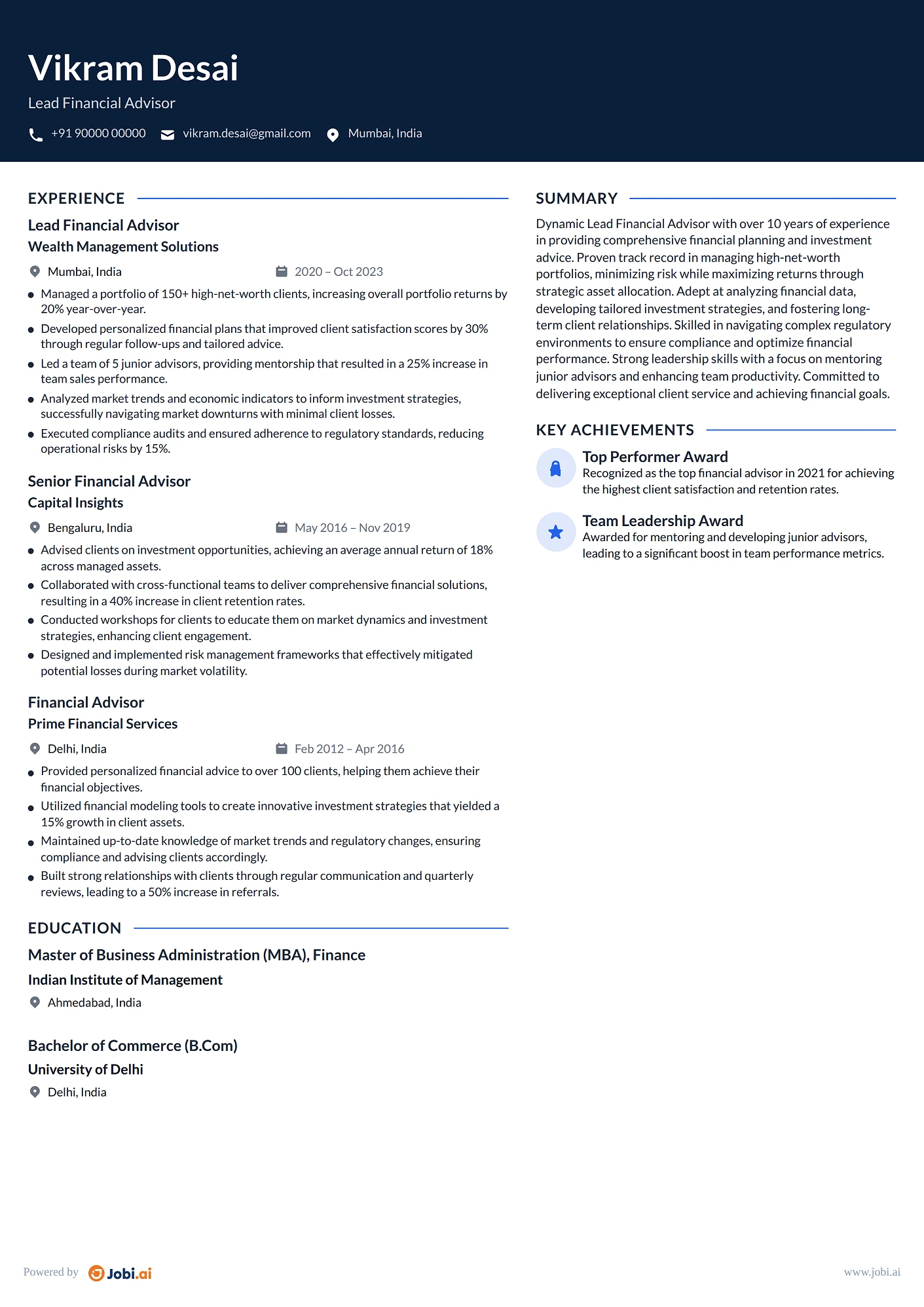 Financial Advisor resume example — Lead Financial Advisor