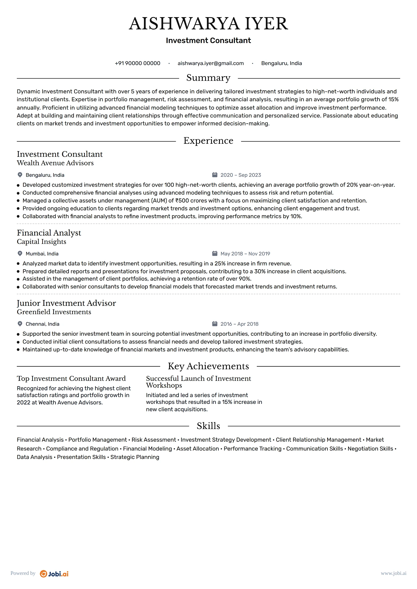 Financial Advisor resume example — Investment Consultant