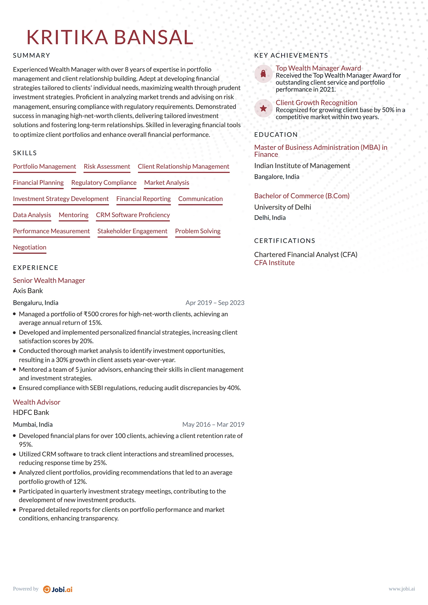 Financial Advisor resume example — Wealth Manager