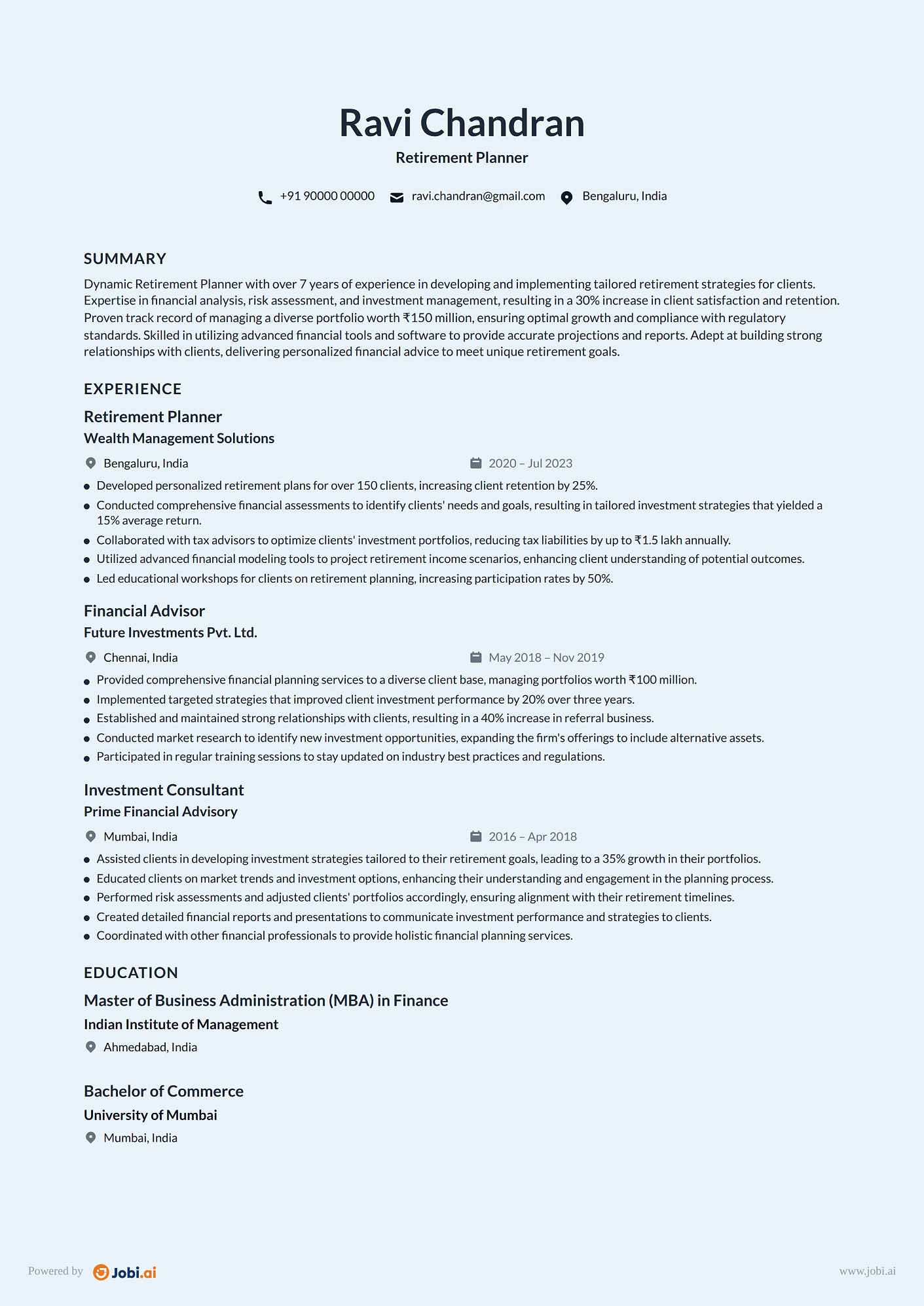 Financial Advisor resume example — Retirement Planner