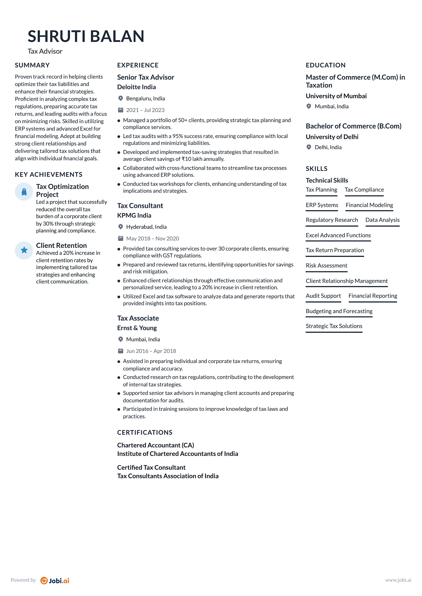 Financial Advisor resume example — Tax Advisor