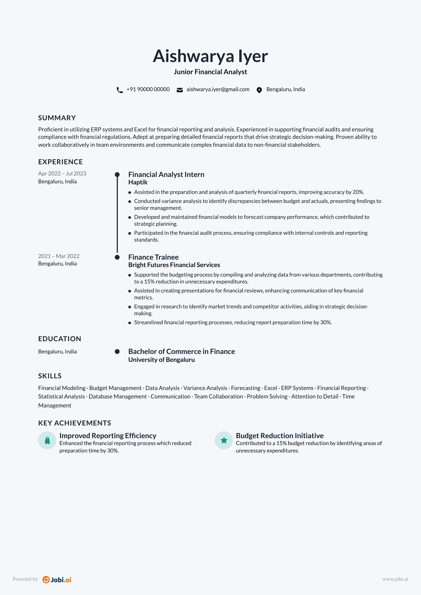 Financial Analyst resume example — Junior Financial Analyst