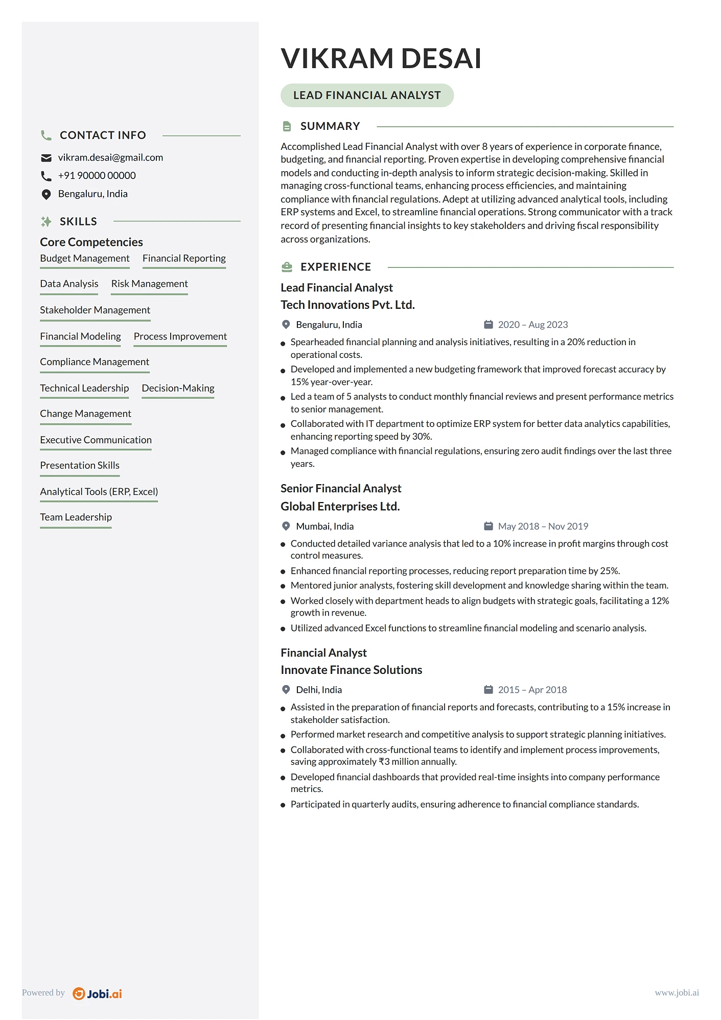 Financial Analyst resume example — Lead Financial Analyst