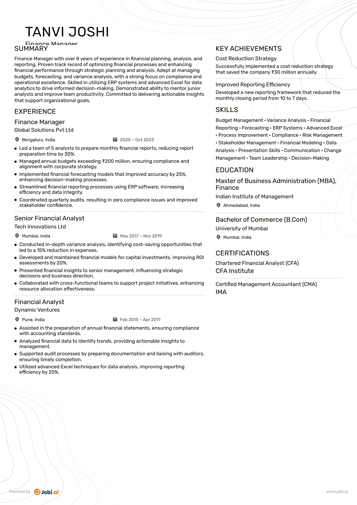 Financial Analyst resume example — Finance Manager