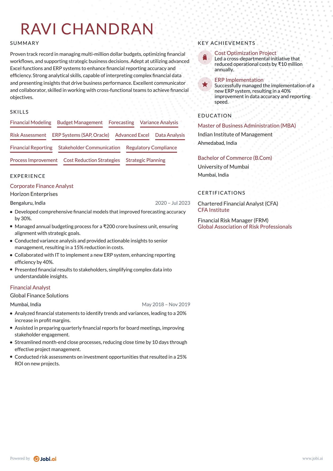 Financial Analyst resume example — Corporate Finance Analyst