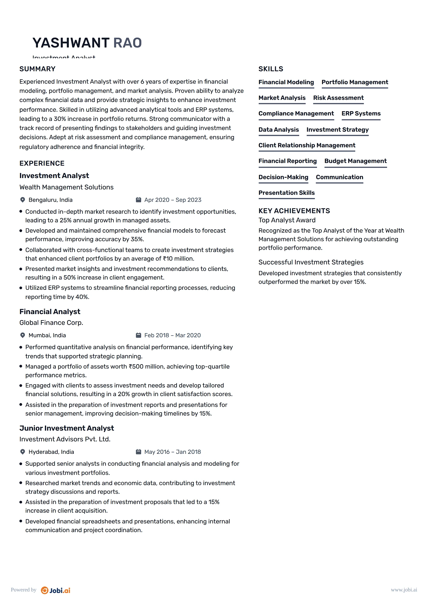 Financial Analyst resume example — Investment Analyst