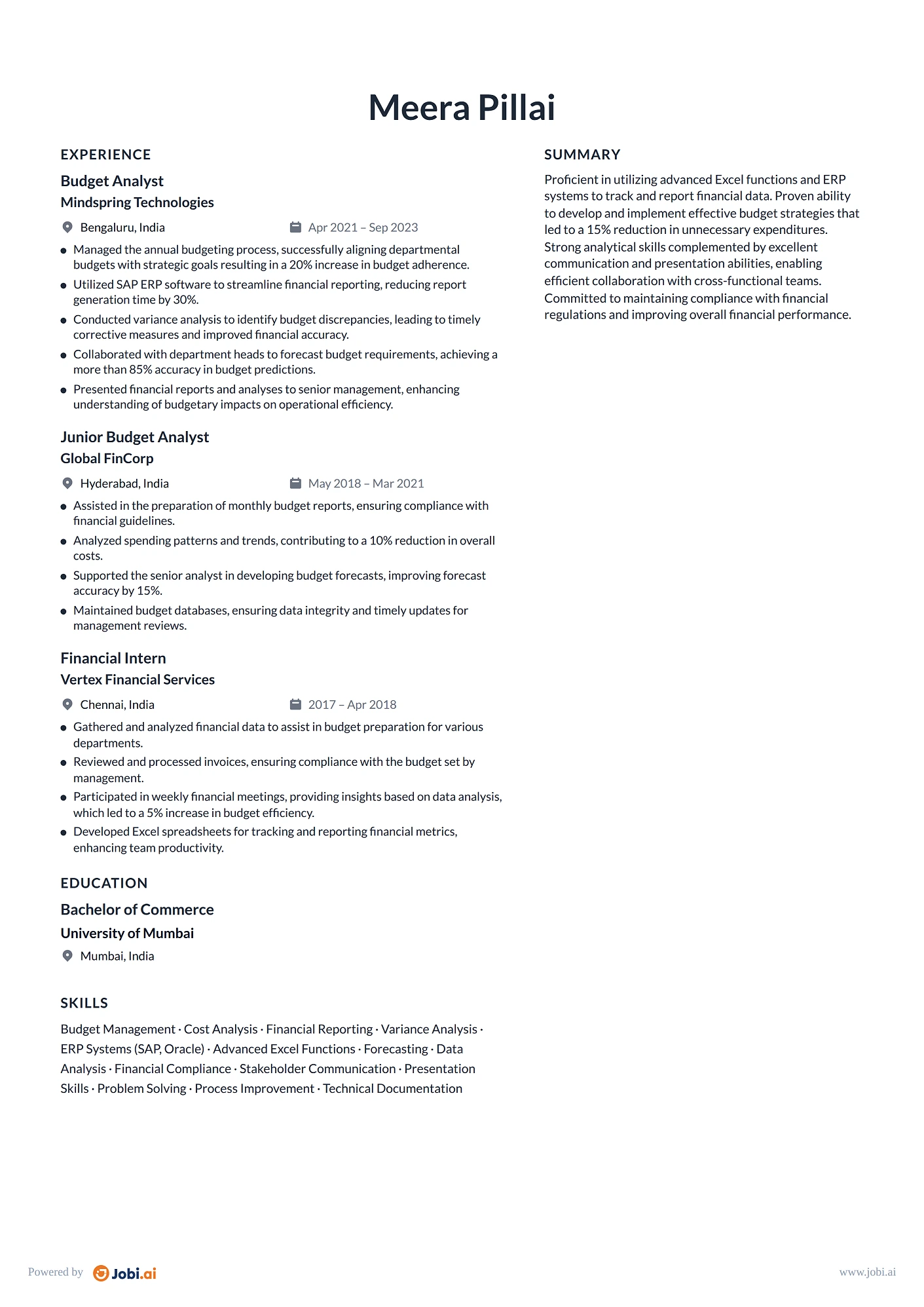 Financial Analyst resume example — Budget Analyst