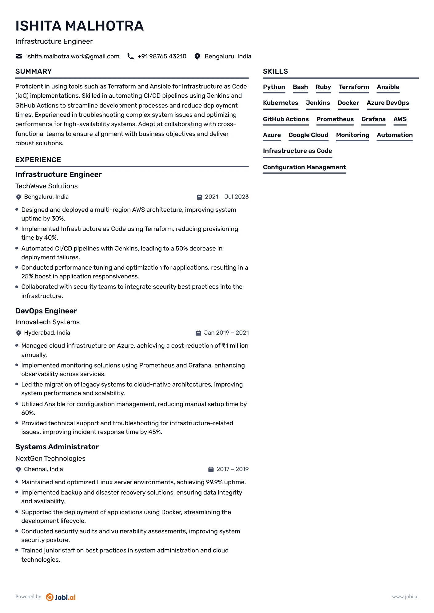 Infrastructure Engineer resume example