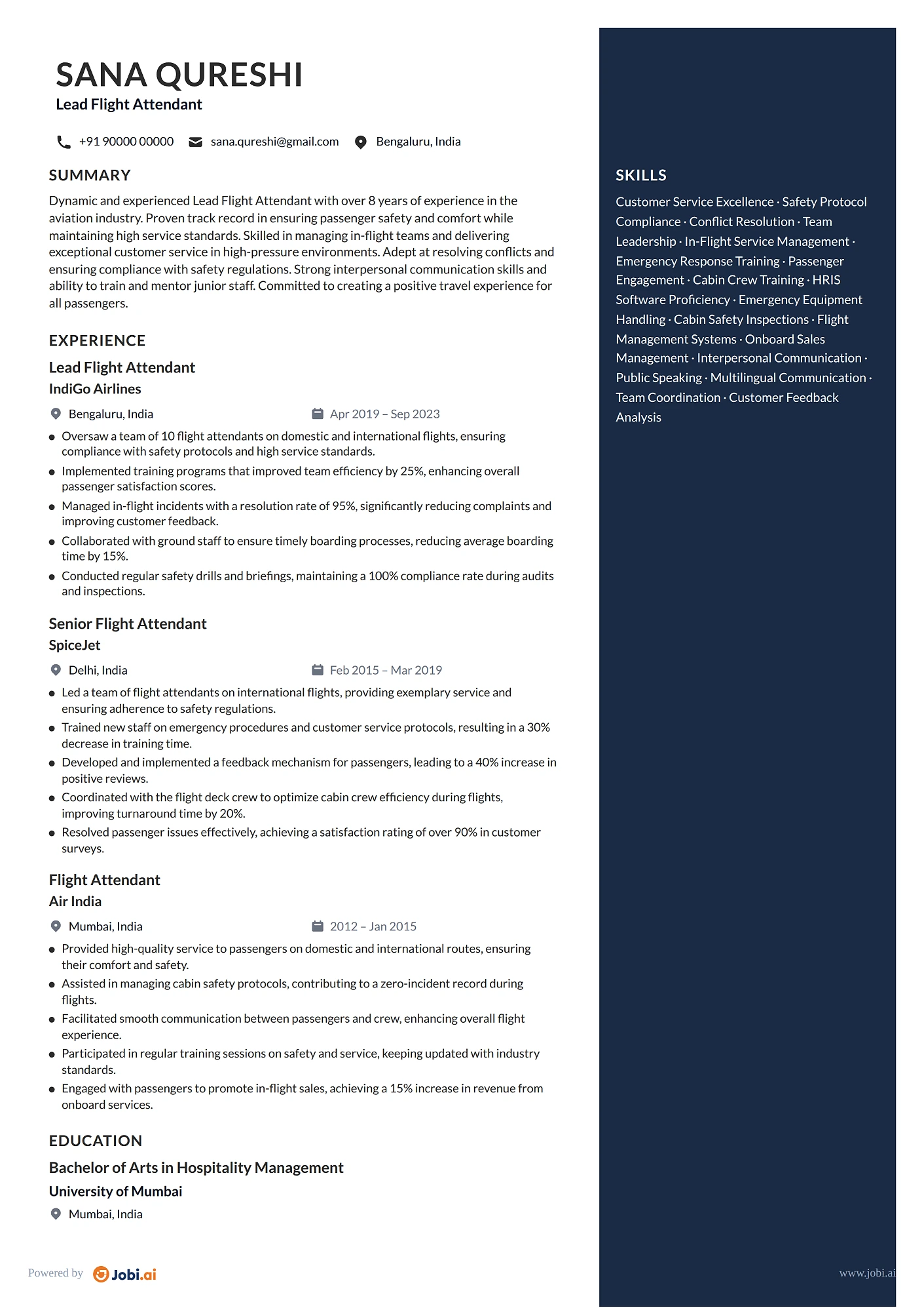 Flight Attendant resume example