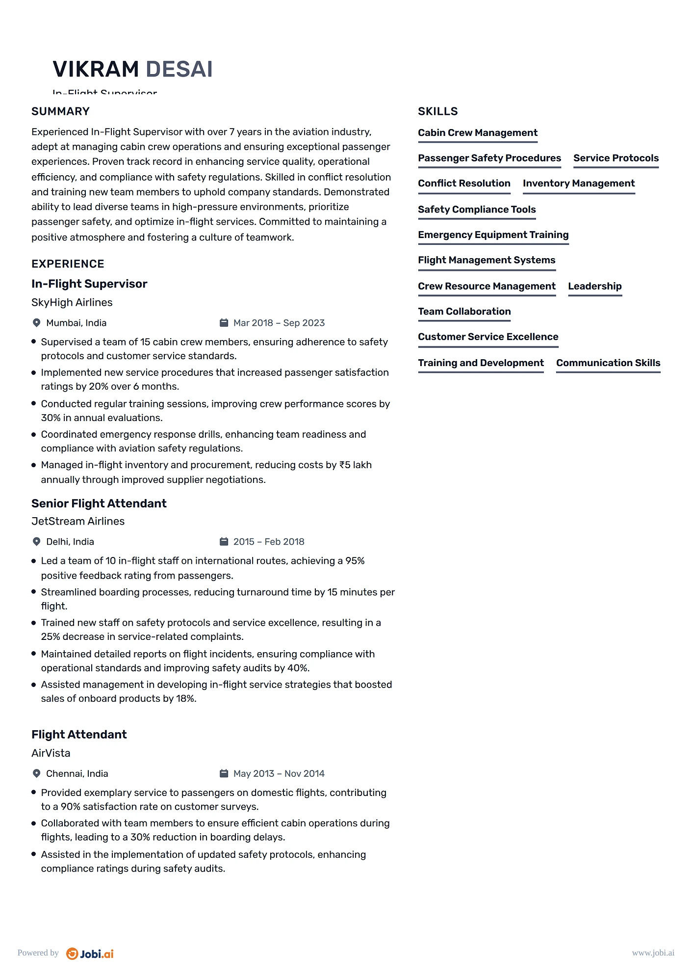Flight Attendant resume example — In-Flight Supervisor