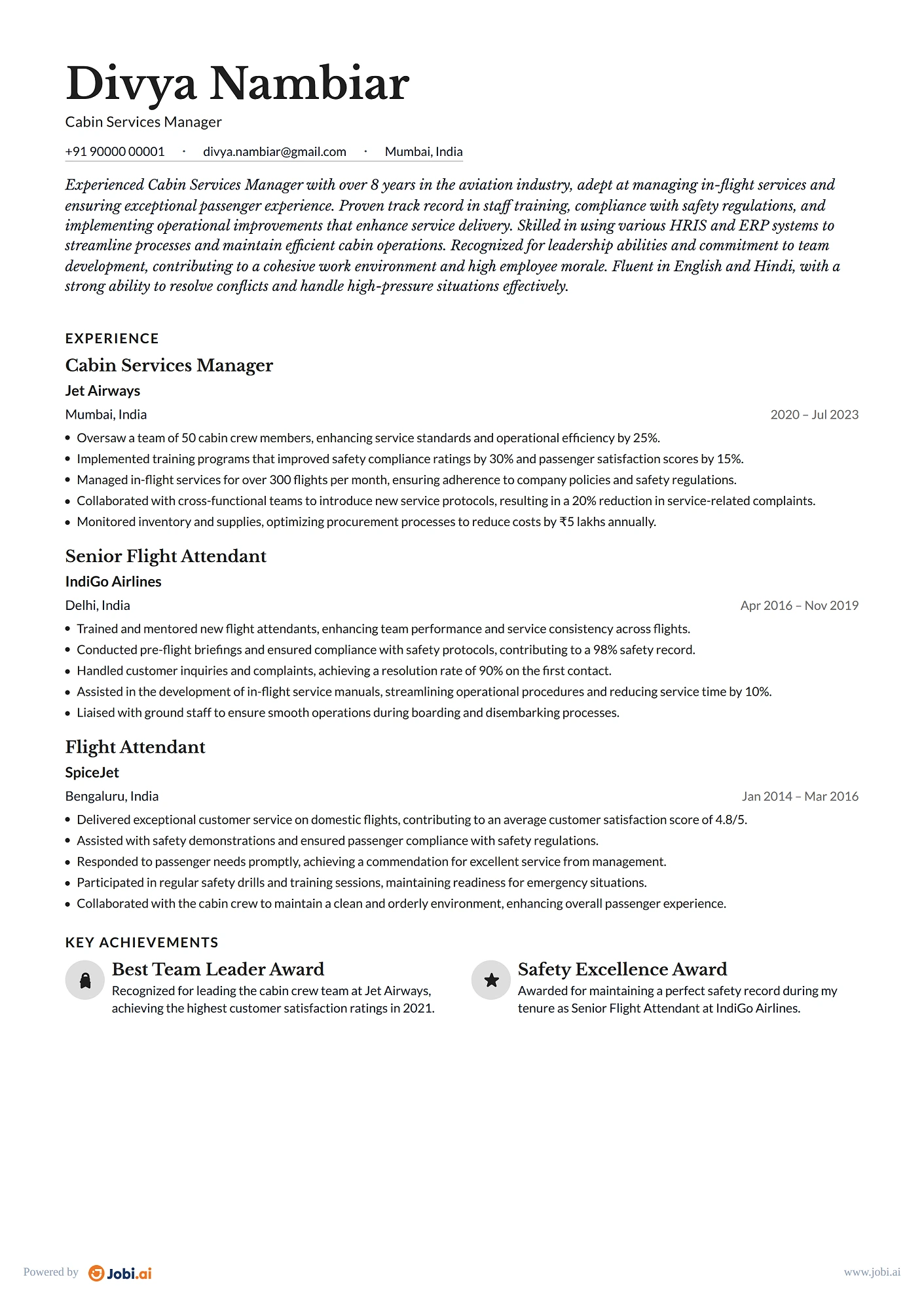 Flight Attendant resume example — Cabin Services Manager