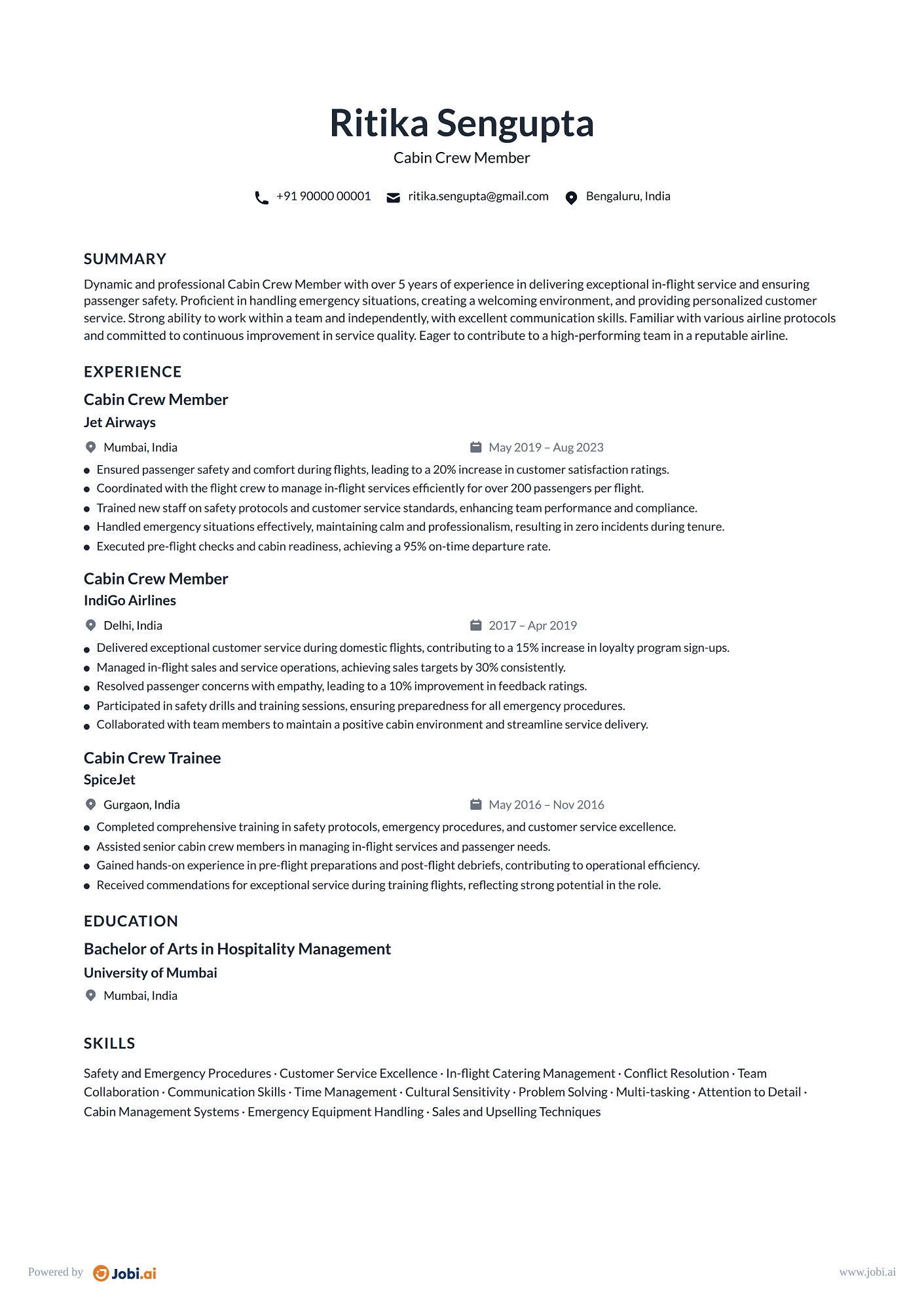 Flight Attendant resume example — Cabin Crew Member