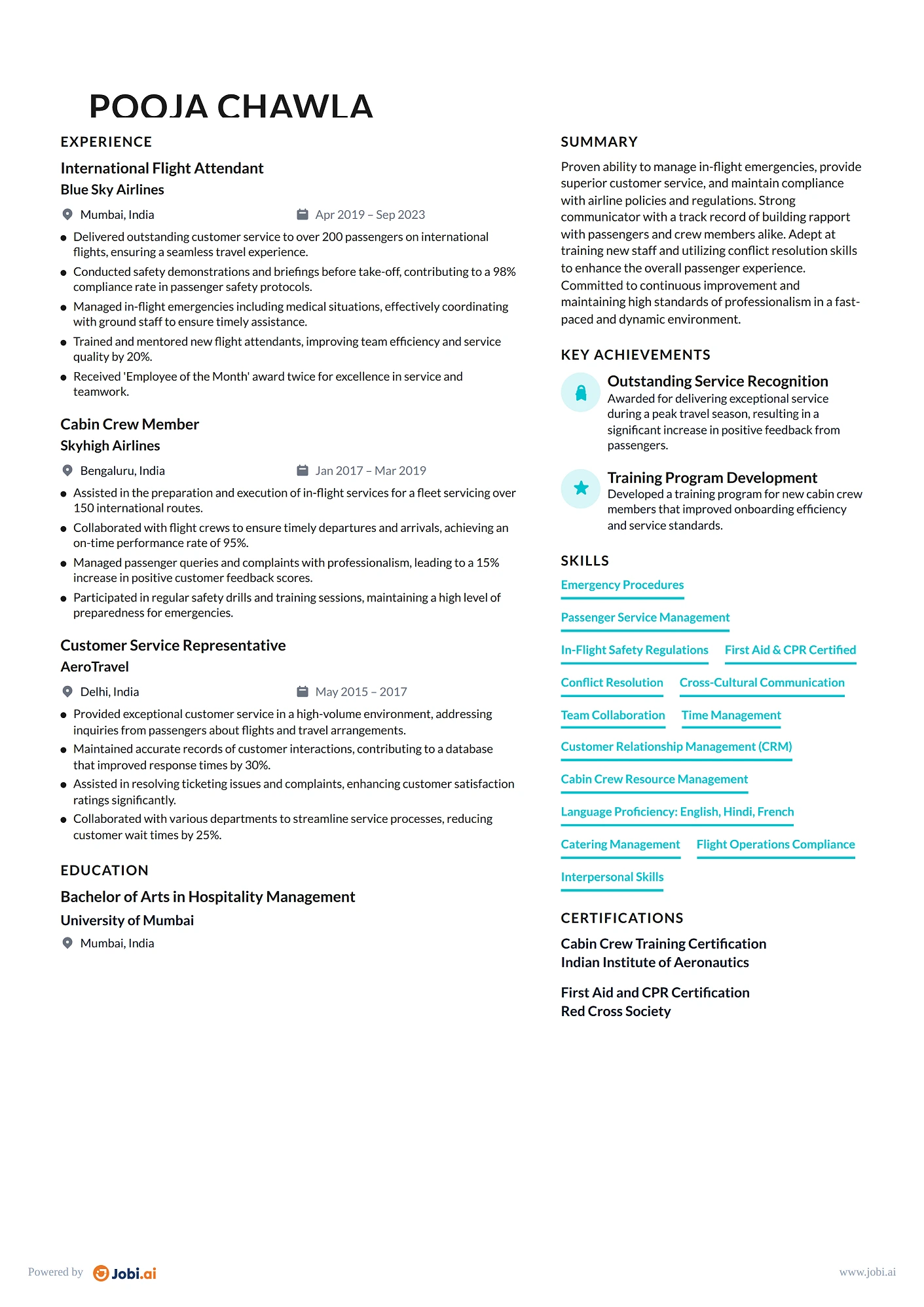 Flight Attendant resume example — International Flight Attendant
