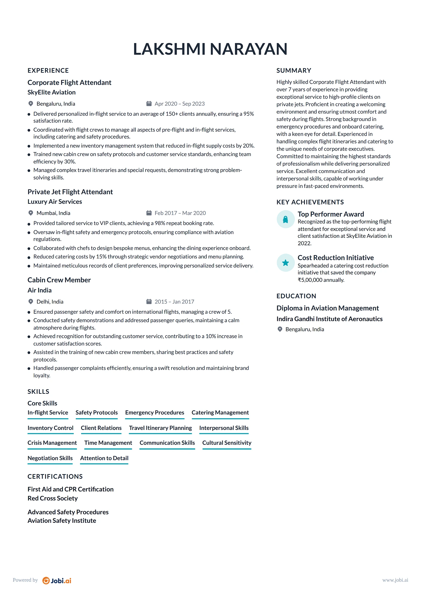 Flight Attendant resume example — Corporate Flight Attendant