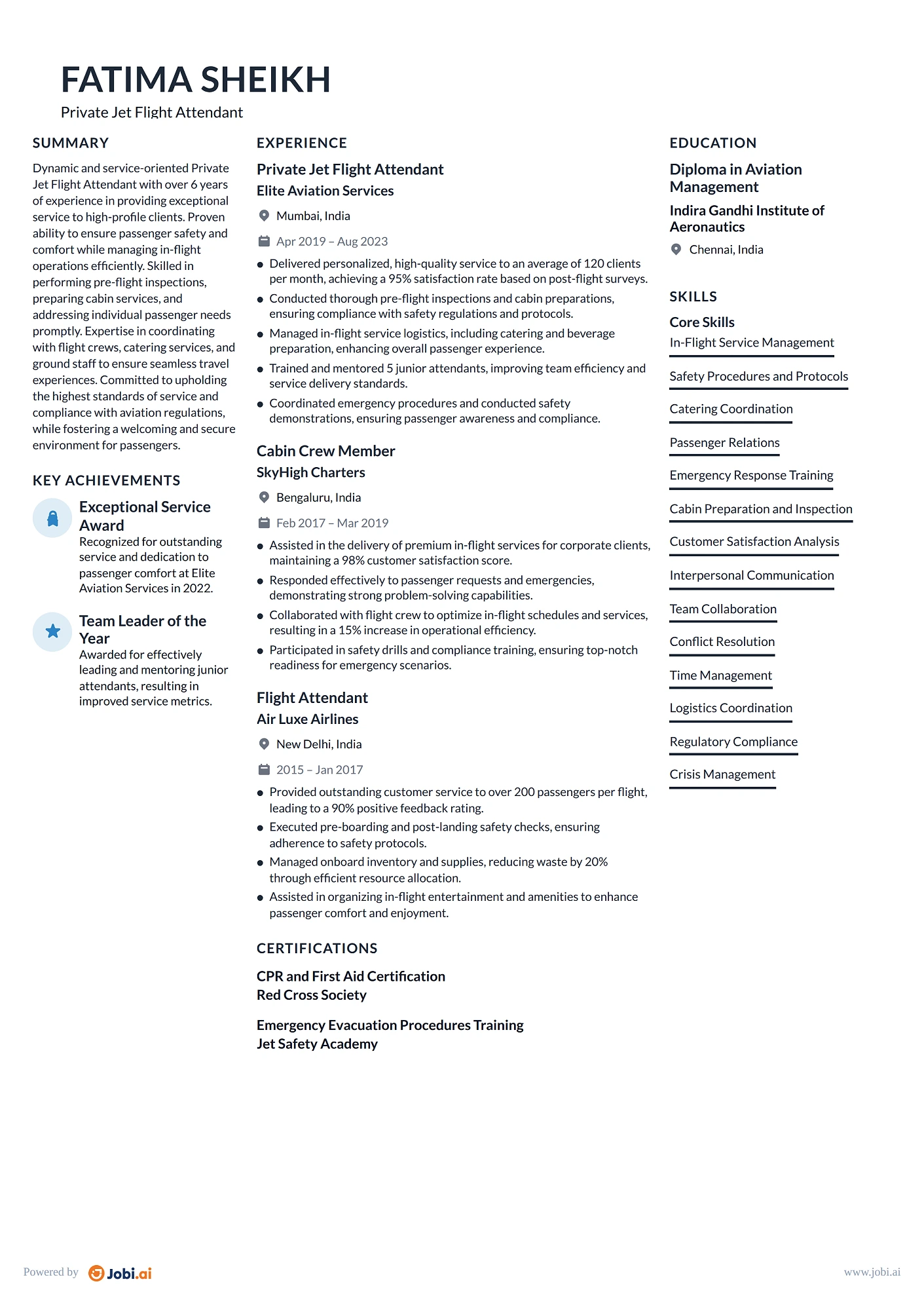 Flight Attendant resume example — Private Jet Flight Attendant