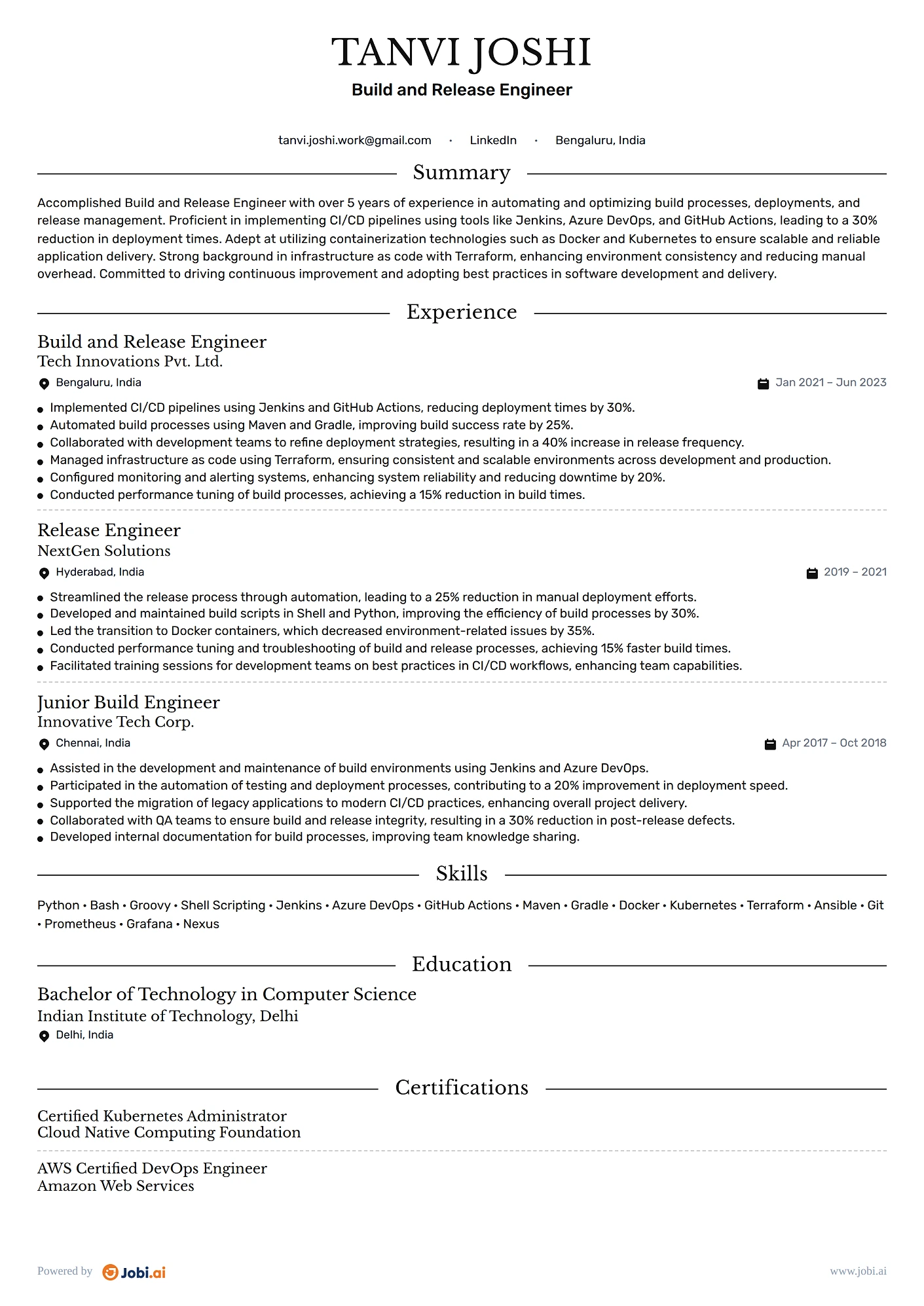 Build and Release Engineer resume example