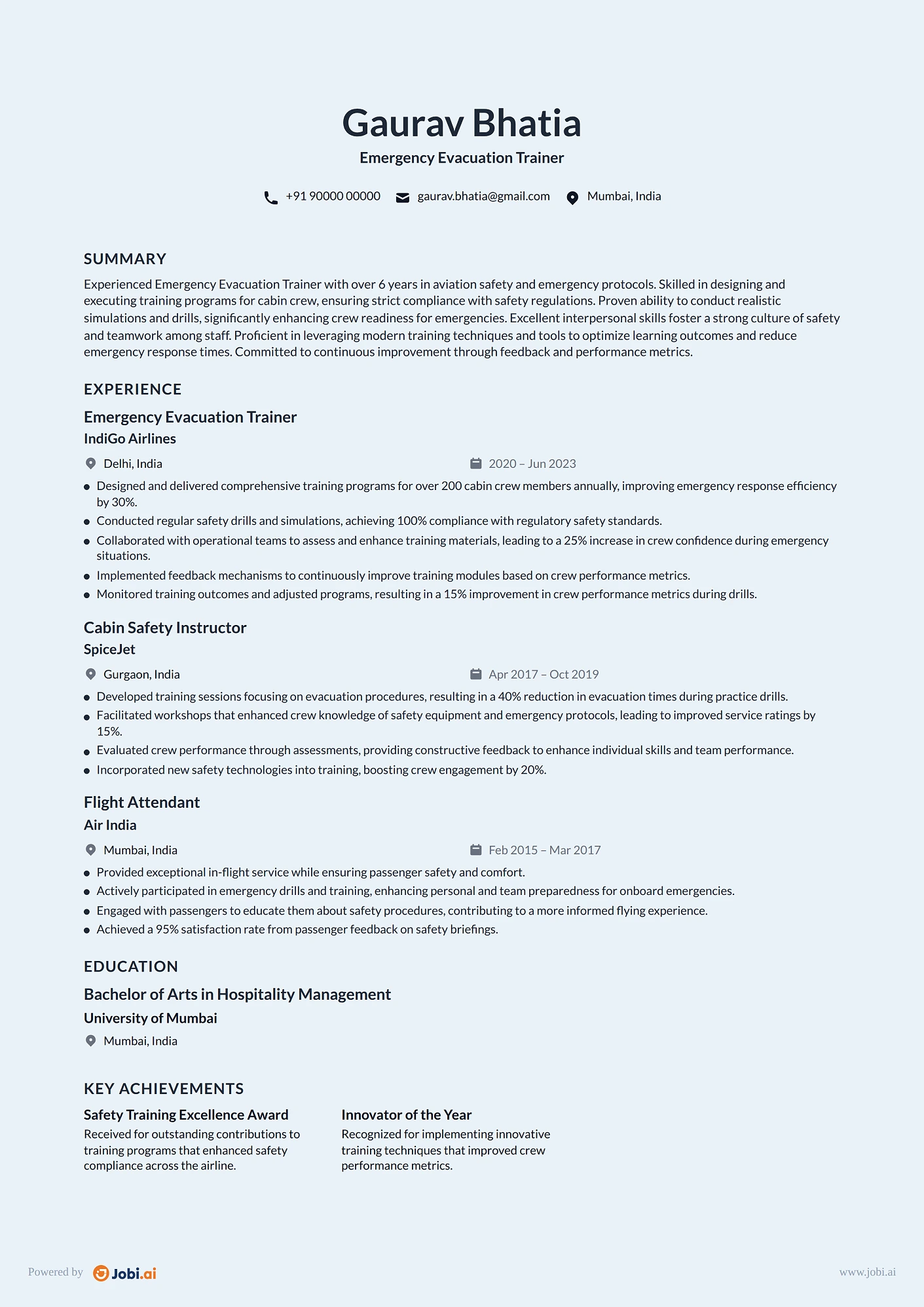 Flight Attendant resume example — Emergency Evacuation Trainer