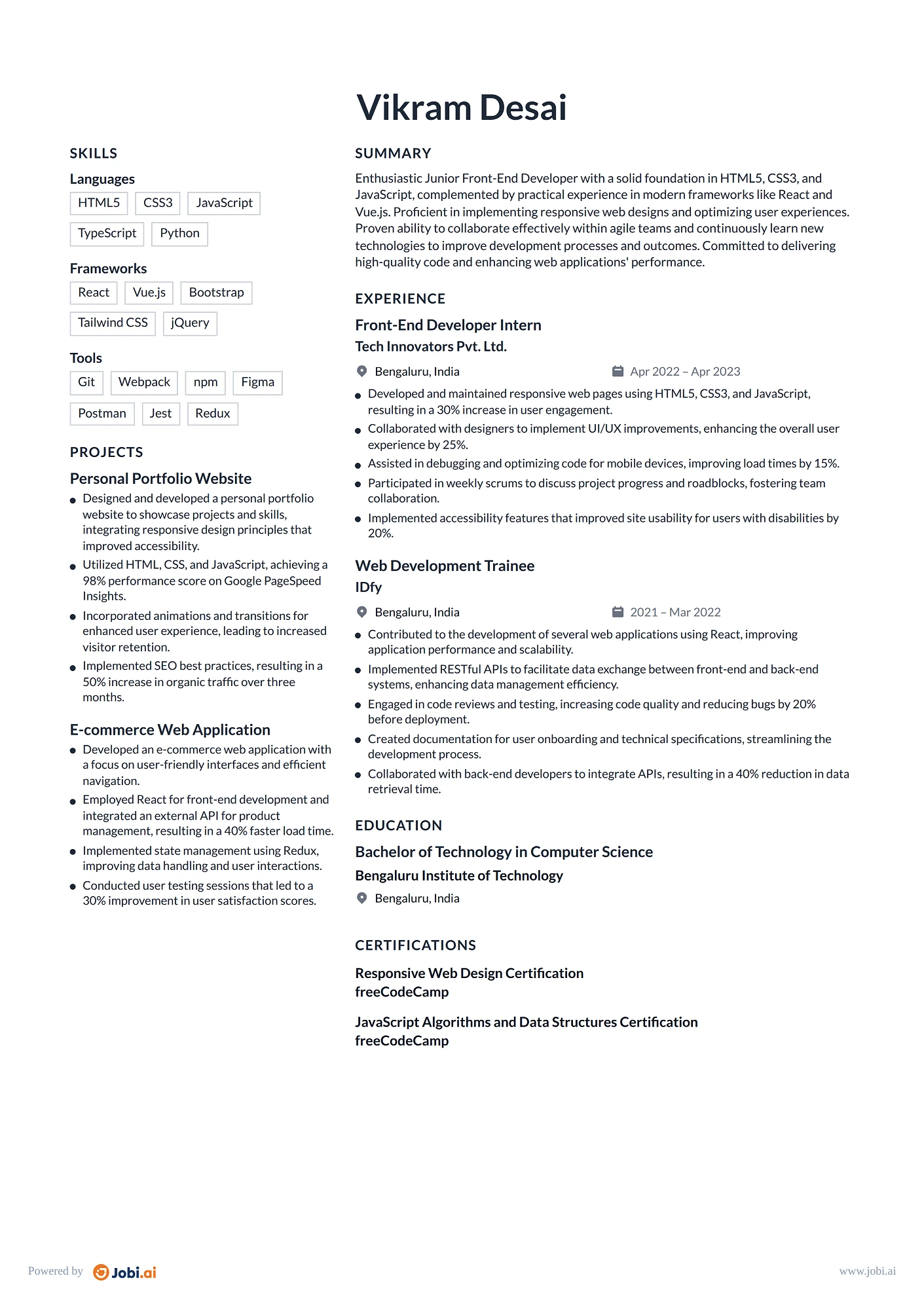 Front-End Developer resume example