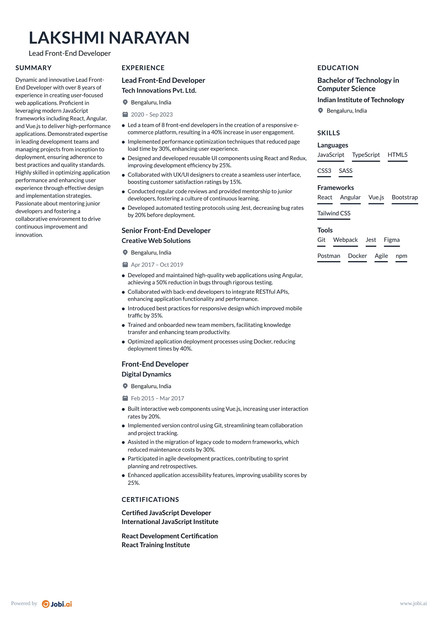 Front-End Developer resume example — Lead Front-End Developer