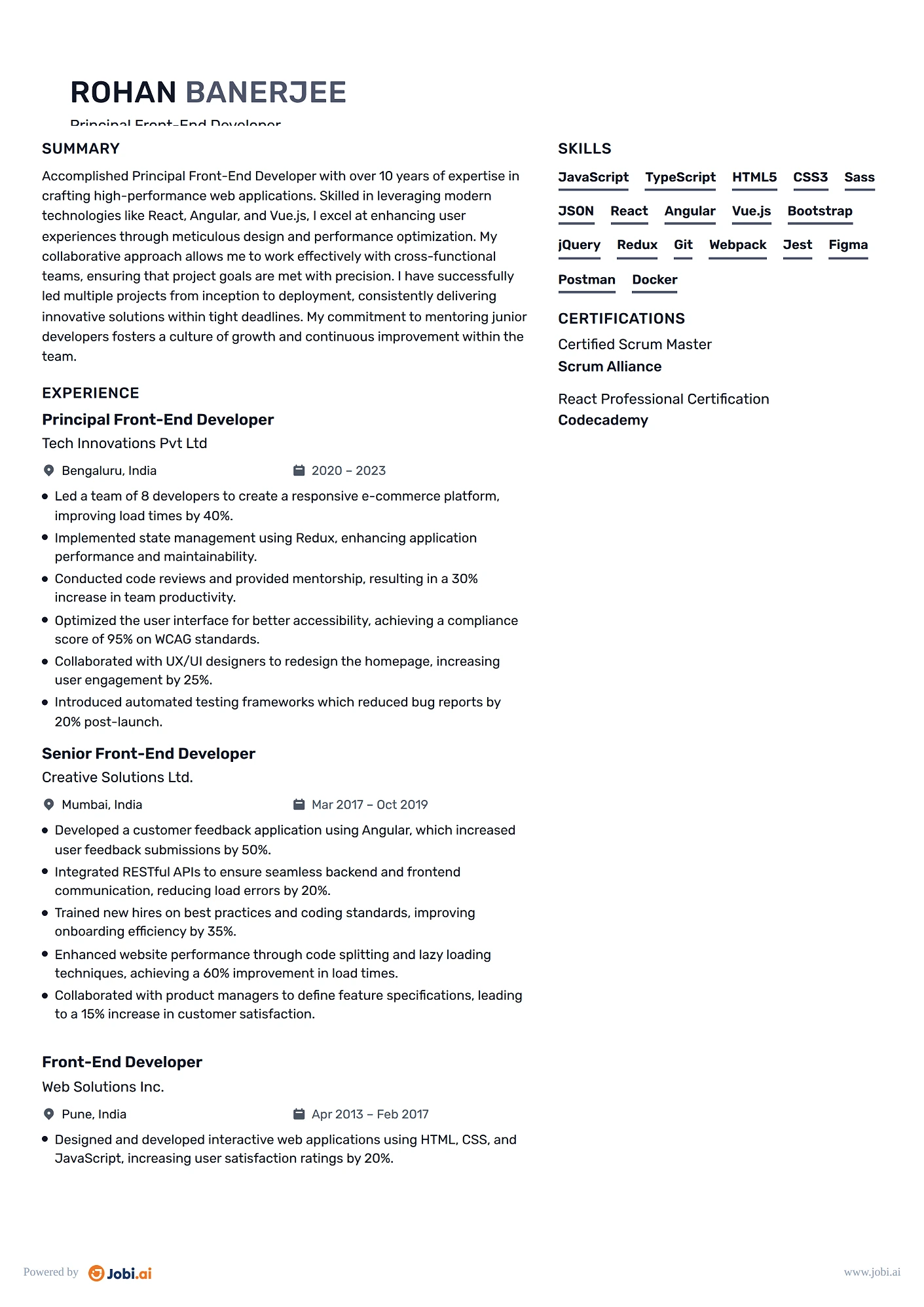 Front-End Developer resume example — Principal Front-End Developer