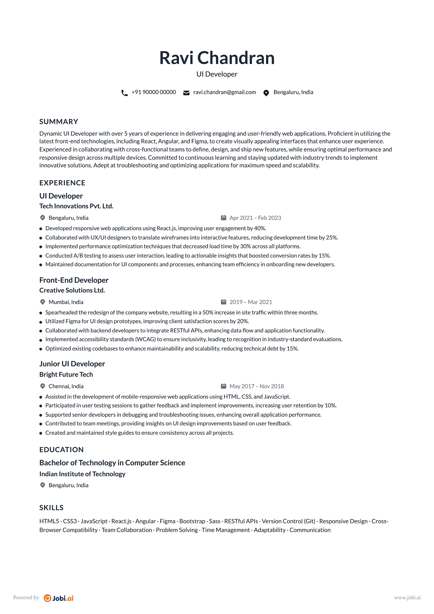 Front-End Developer resume example — UI Developer