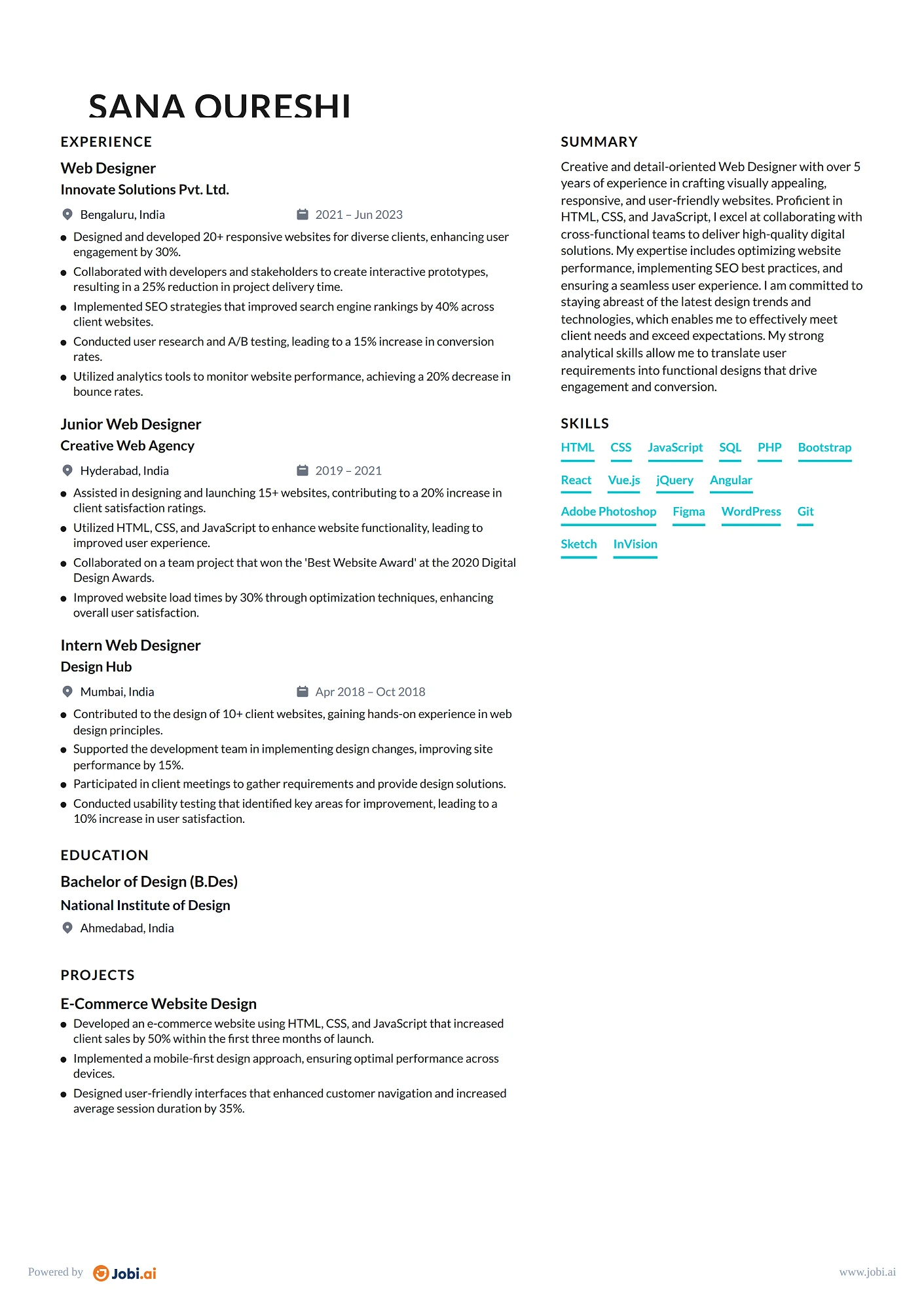 Front-End Developer resume example — Web Designer