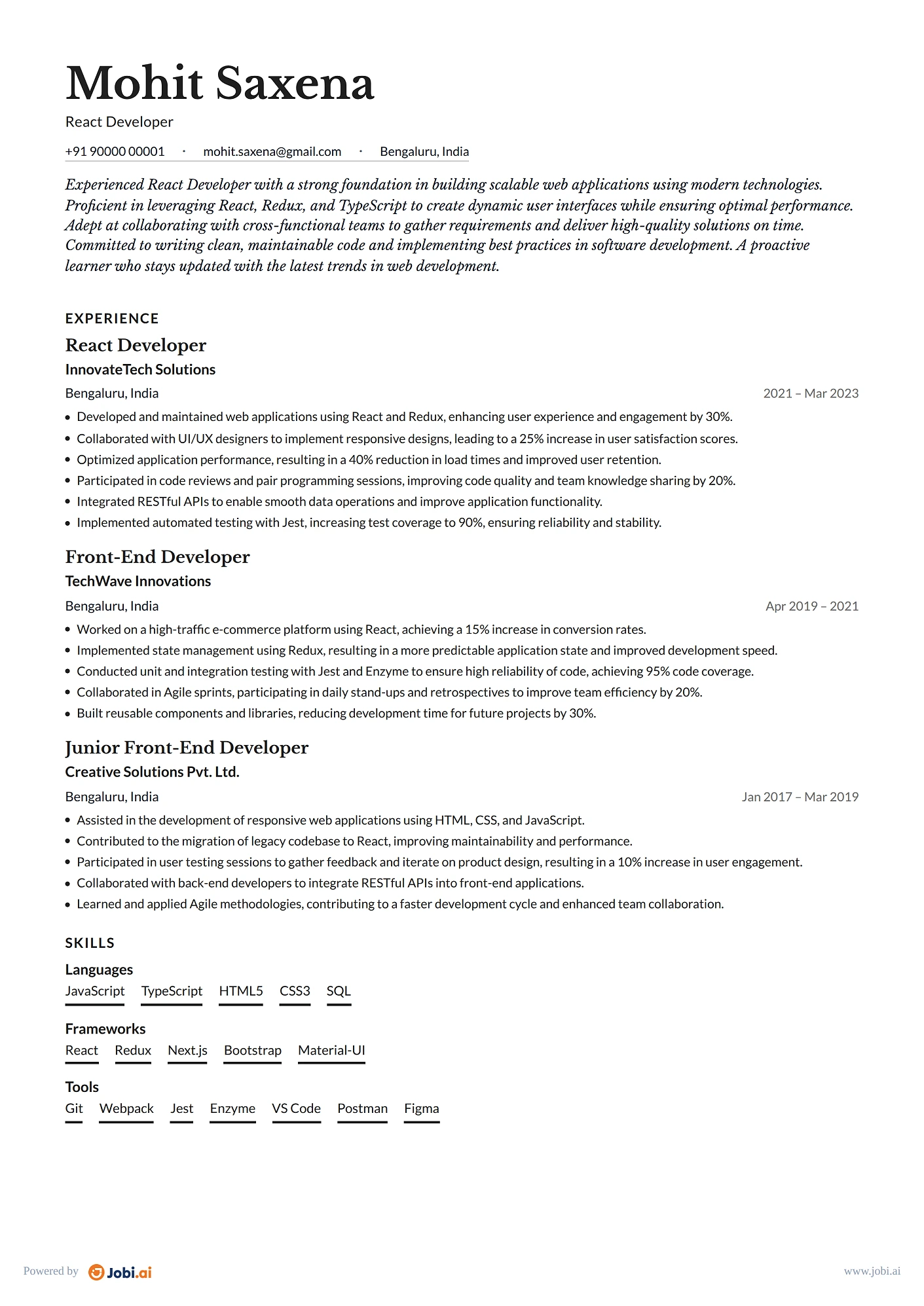 Front-End Developer resume example — React Developer