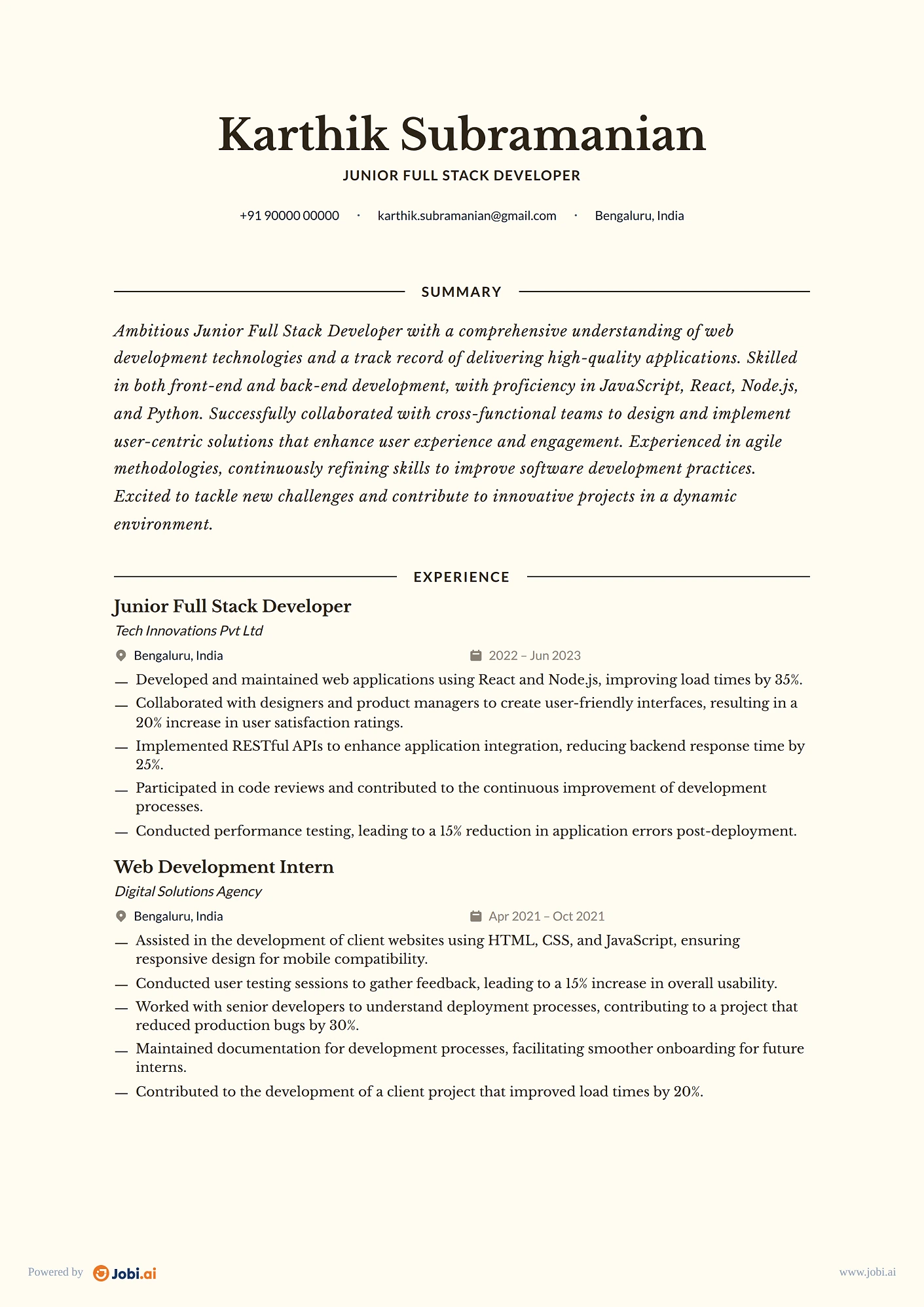 Full Stack Developer resume example — Junior Full Stack Developer