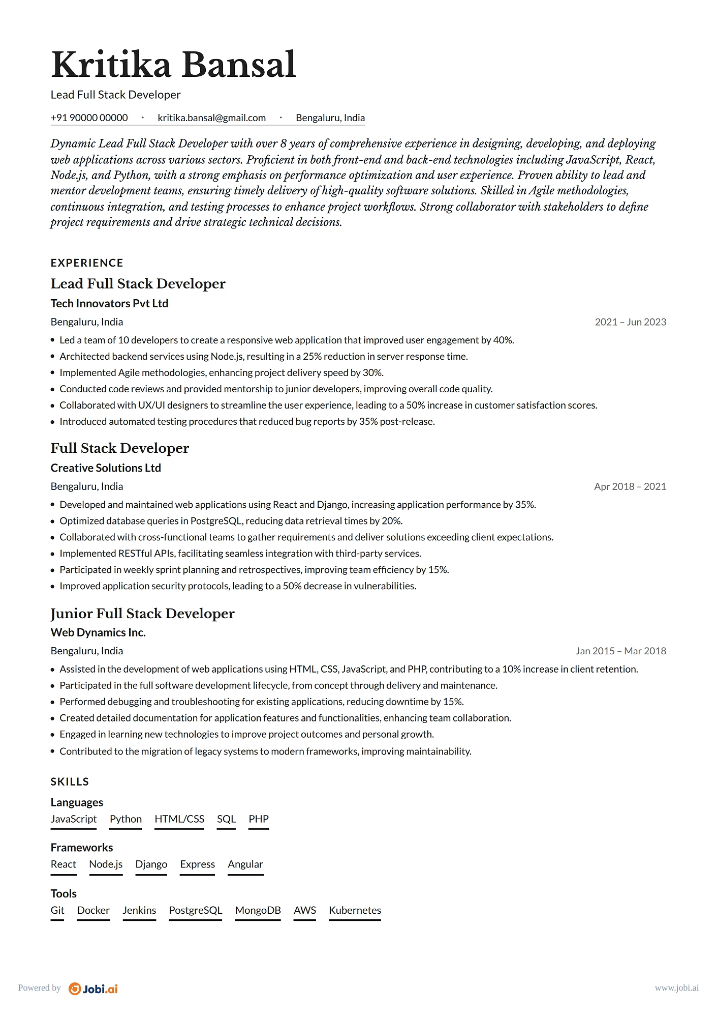 Full Stack Developer resume example — Lead Full Stack Developer