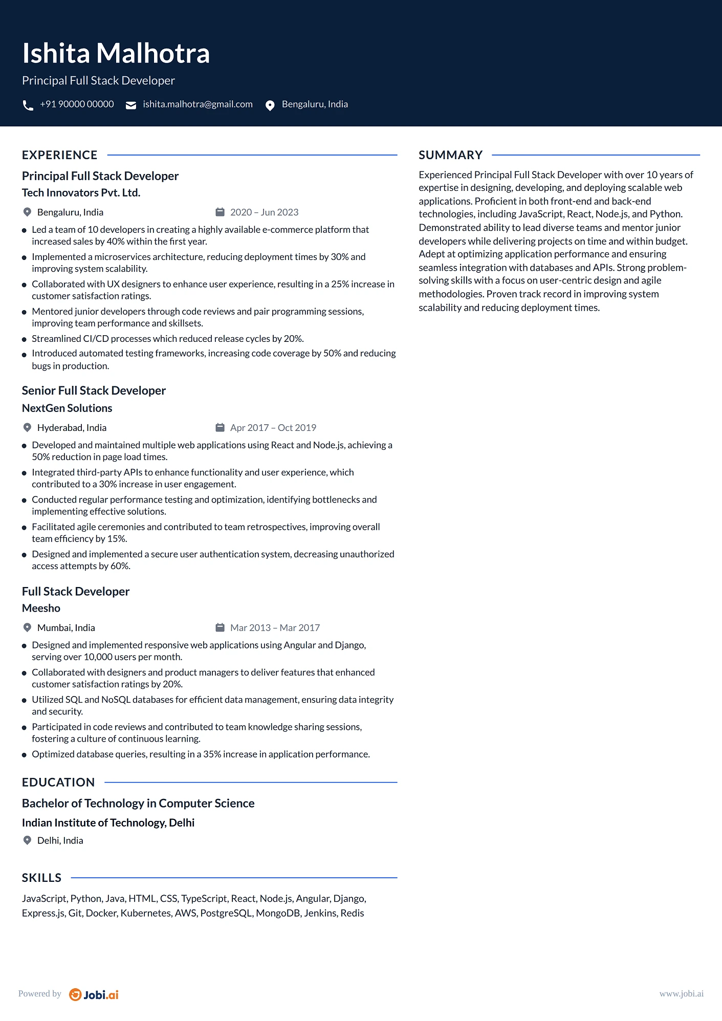 Full Stack Developer resume example — Principal Full Stack Developer