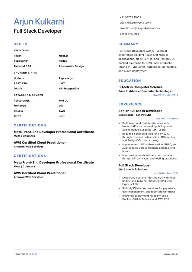 Full Stack Developer resume example