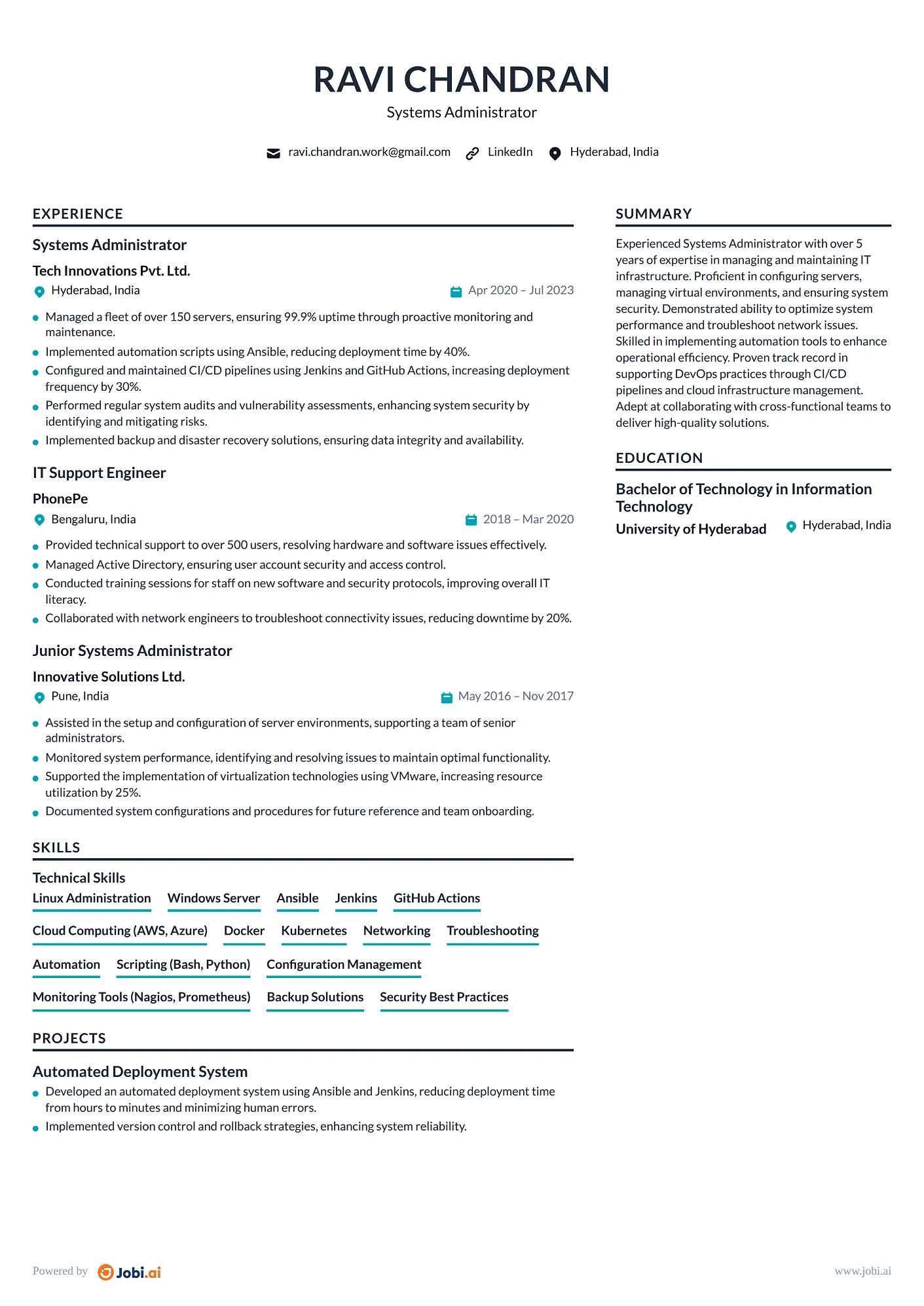 Systems Administrator resume example