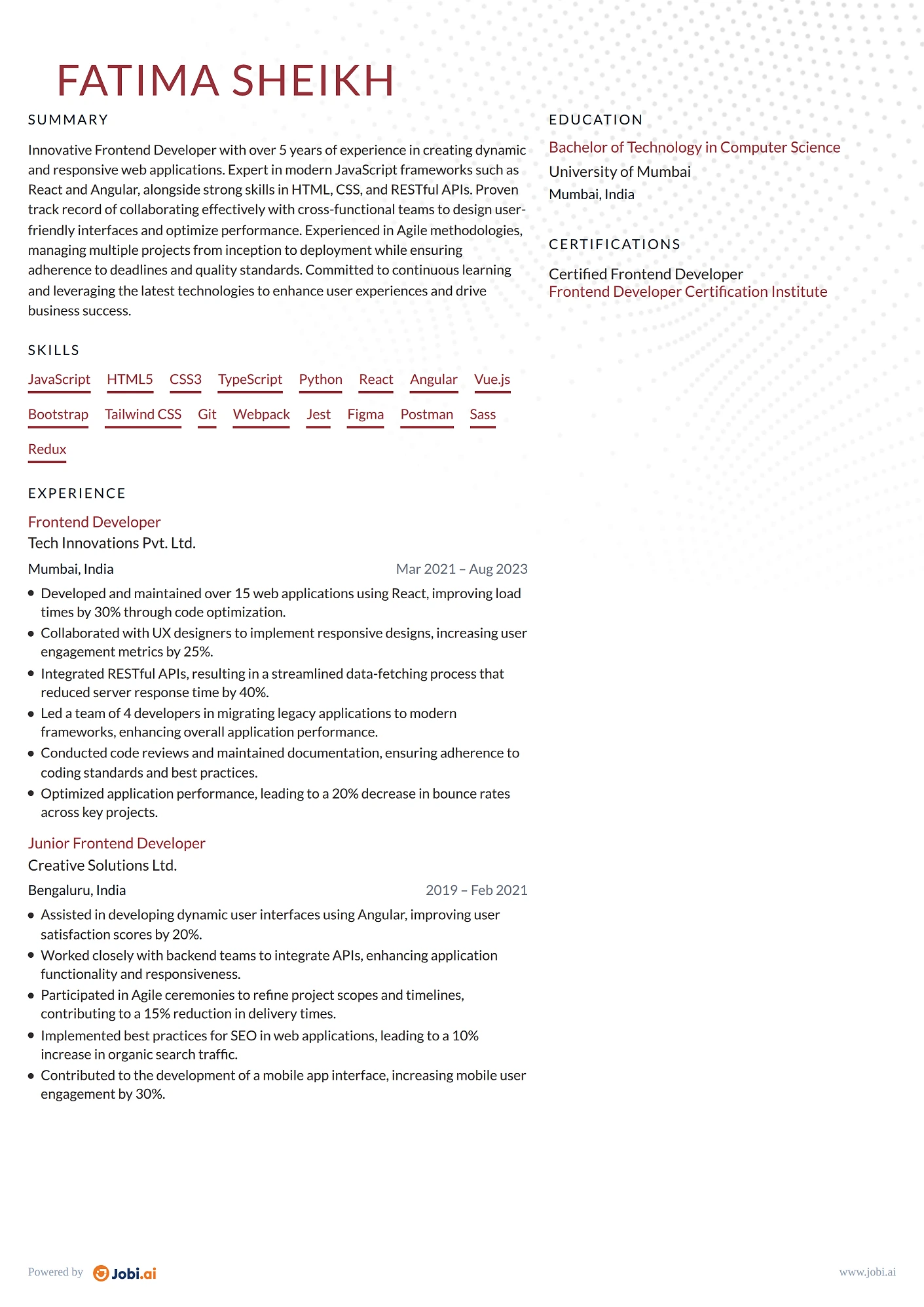 Full Stack Developer resume example — Frontend Developer