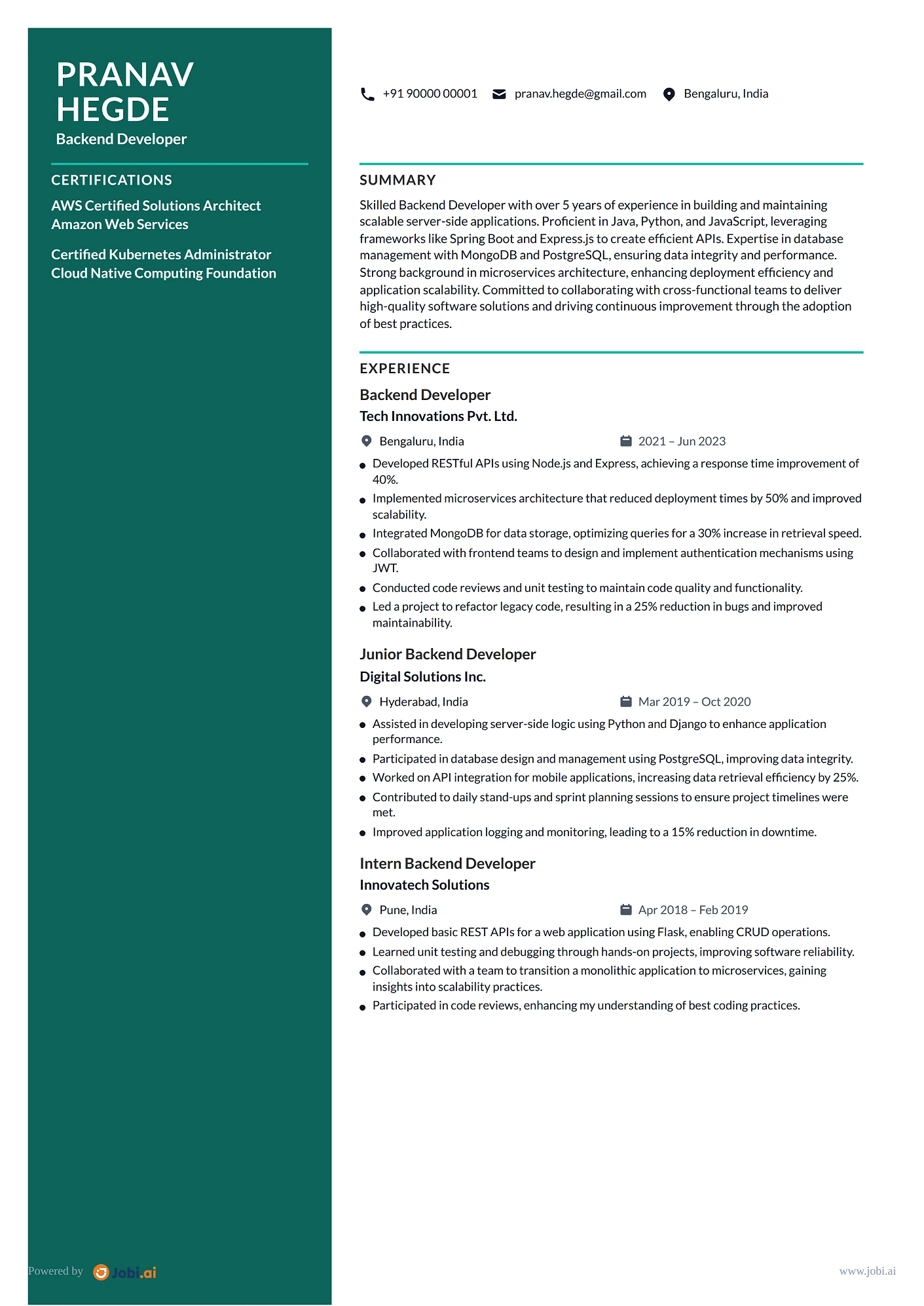 Full Stack Developer resume example — Backend Developer
