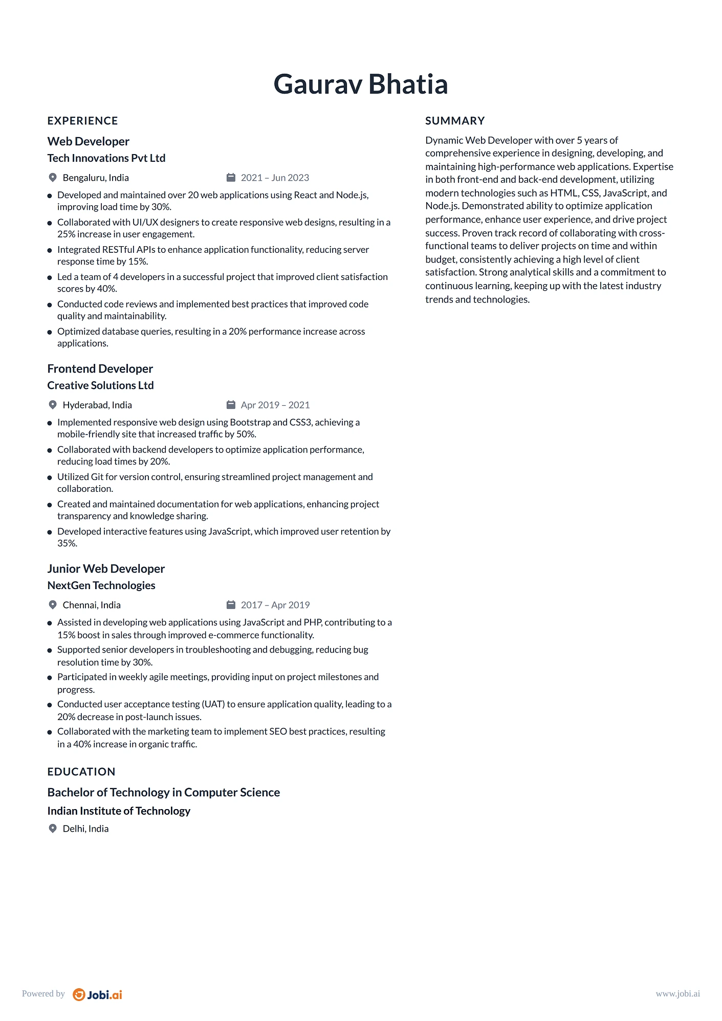 Full Stack Developer resume example — Web Developer