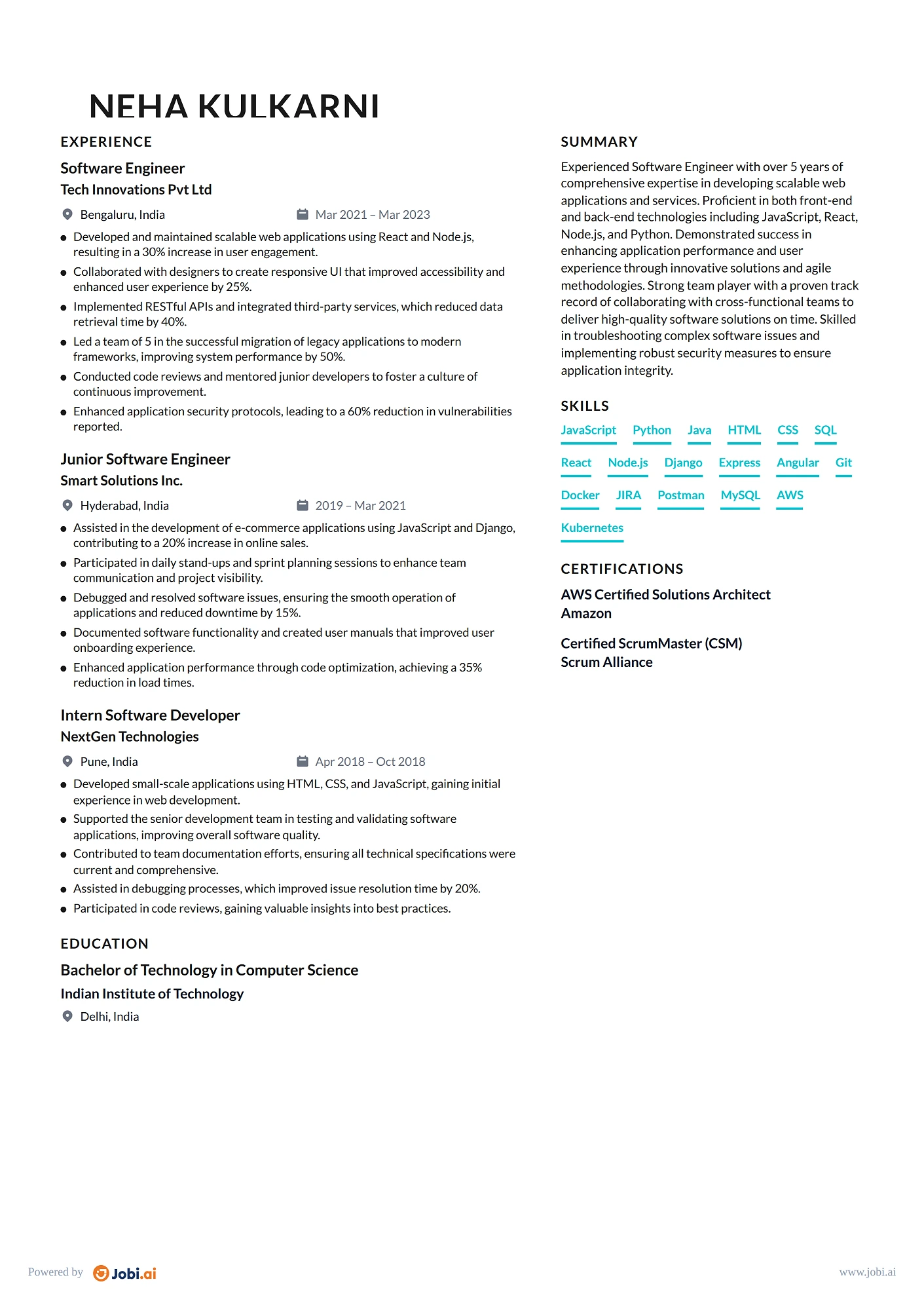 Full Stack Developer resume example — Software Engineer