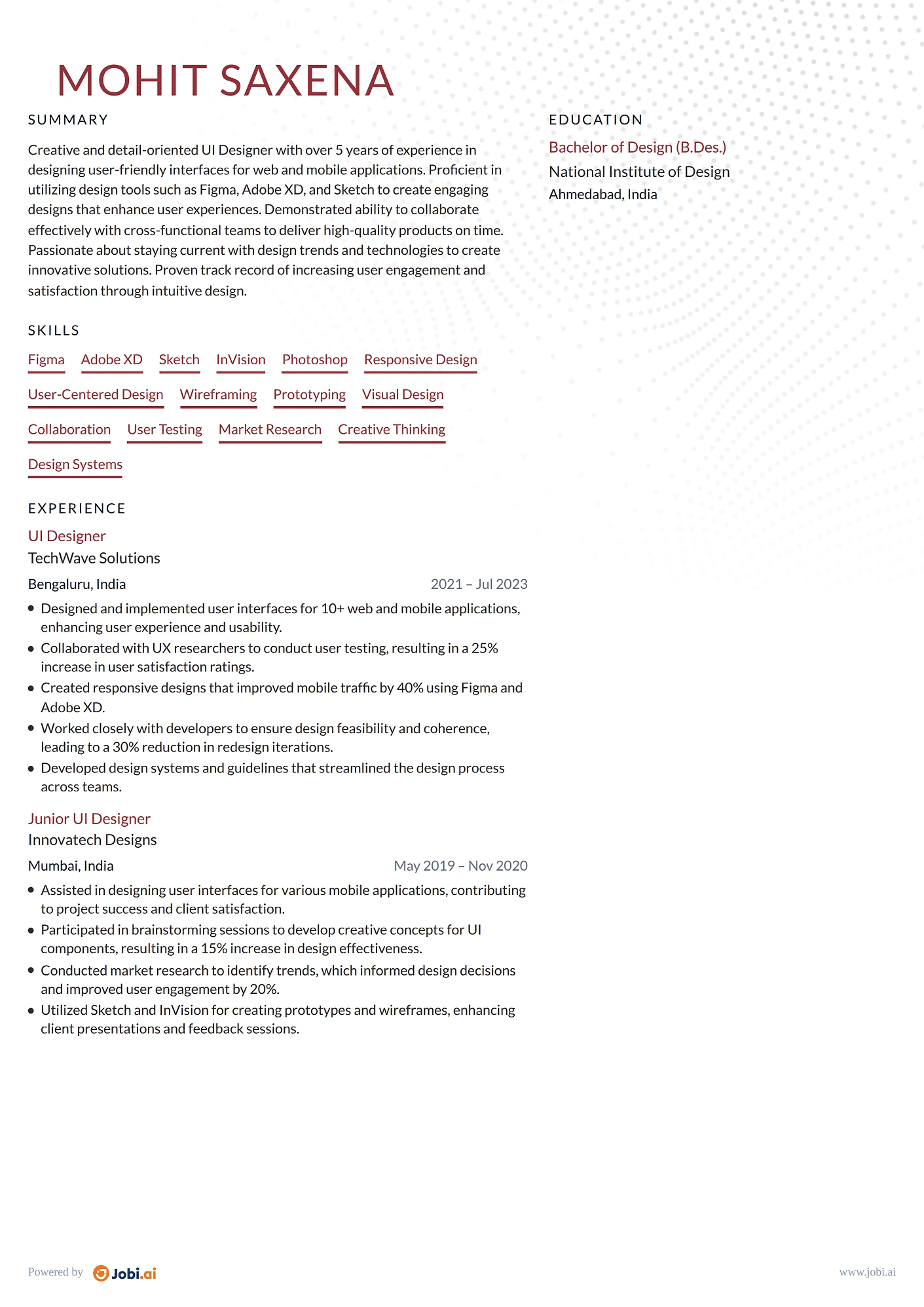 Graphic Designer resume example — UI Designer