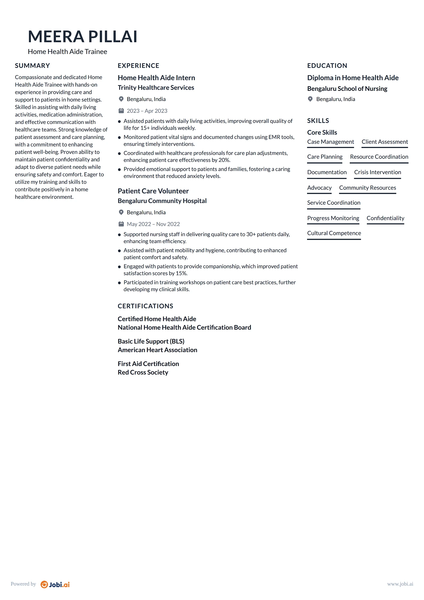 Home Health Aide resume example